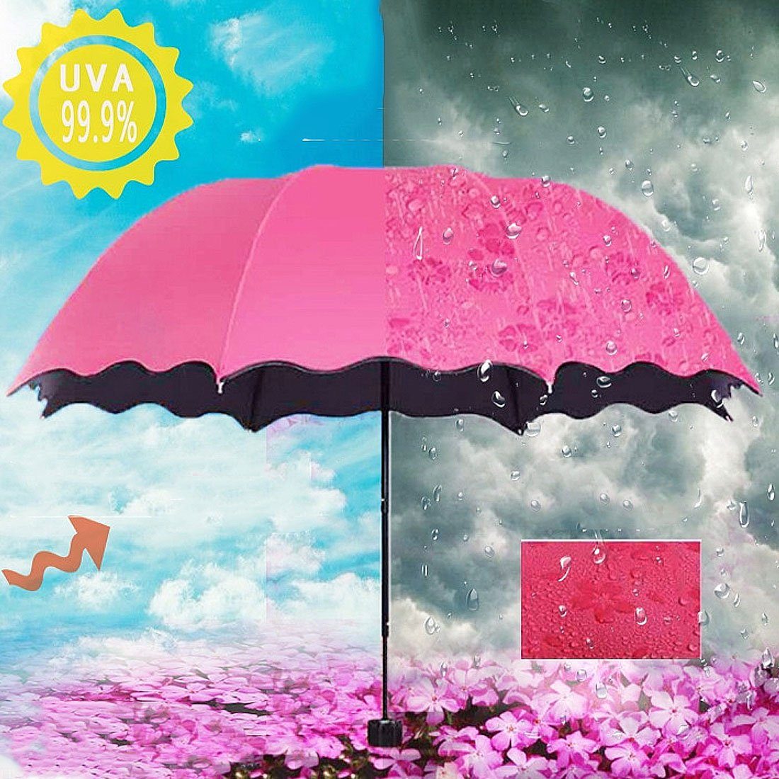 blau Wasserblühender Faltschirm,AntiUV-Sonnenschirm Regenschirm,regenfester DÖRÖY Taschenregenschirm
