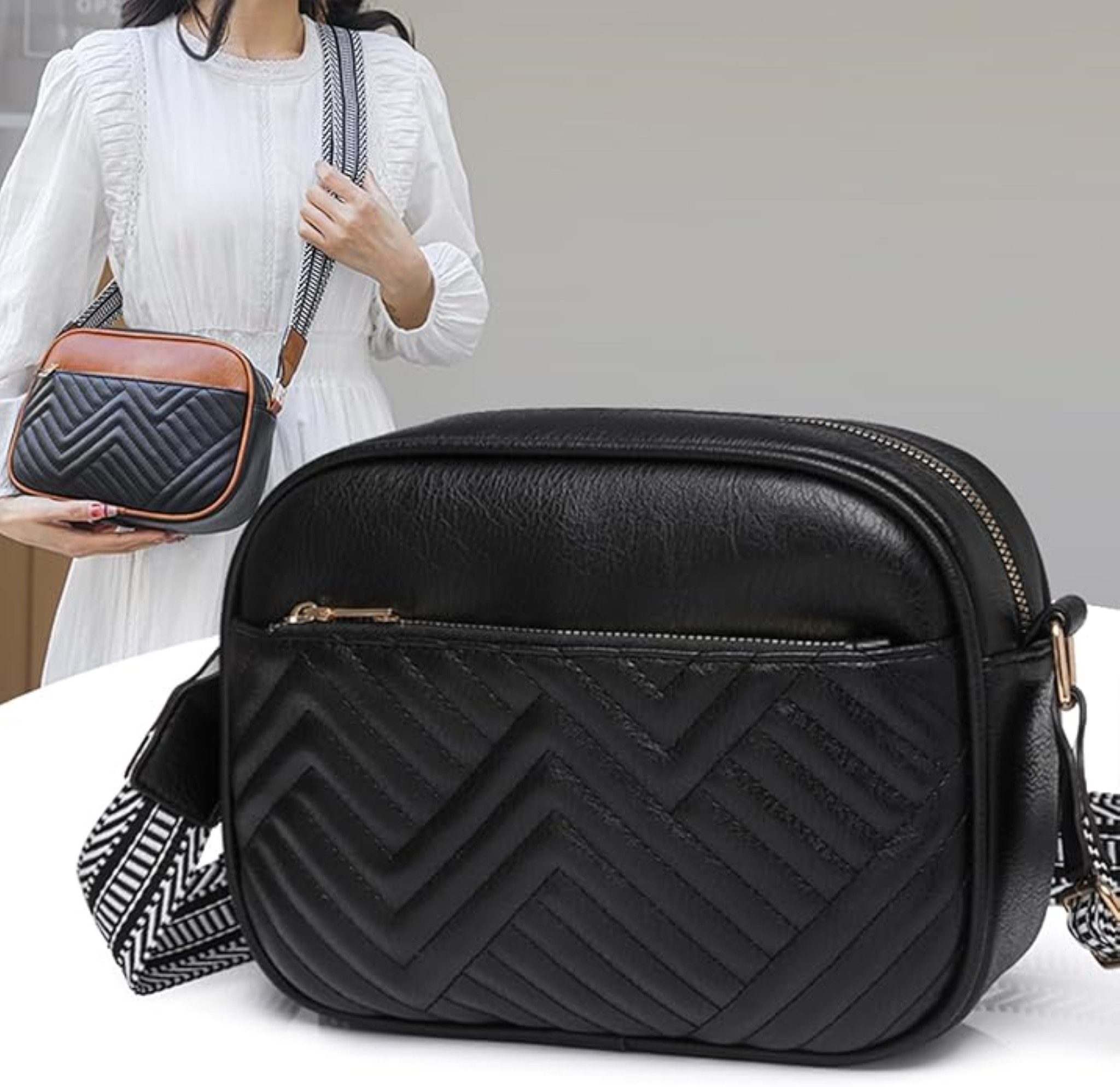 LA CUTE Umhängetasche Damen Crossbody-Tasche aus veganem Leder mit breitem Riemen. (Kleine Schultertasche mit Reißverschluss und breitem Tragegurt., Crossbody-Tasche aus veganem Leder mit verstellbarem Riemen), Modische Crossbody-Tasche aus veganem Leder mit breitem Trageriemen.