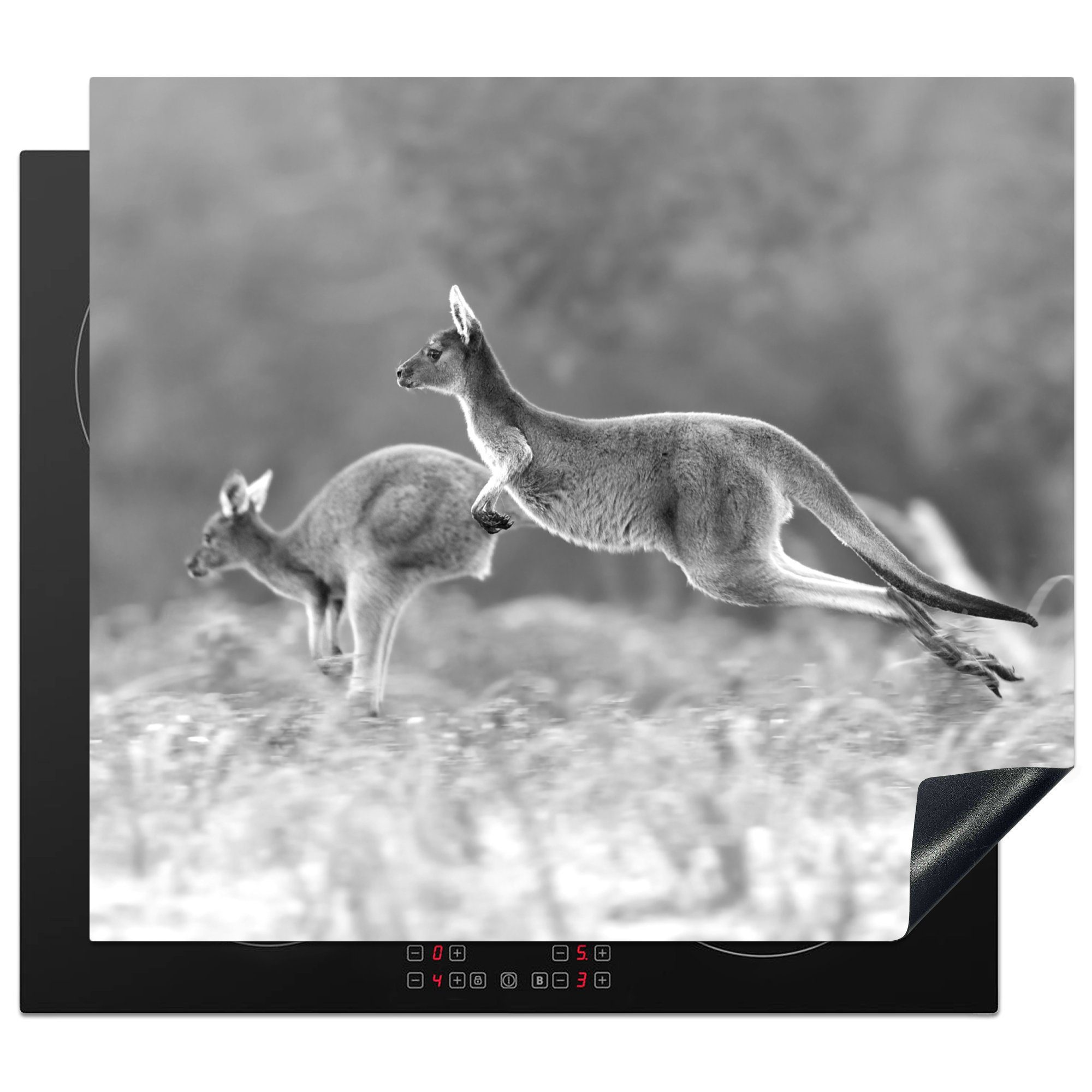 MuchoWow Herdblende-/Abdeckplatte Zwei Kängurus springen durch ein Blumenfeld - schwarz und weiß, Vinyl, (1 tlg), 59x52 cm, Ceranfeldabdeckung für die küche, Induktionsmatte
