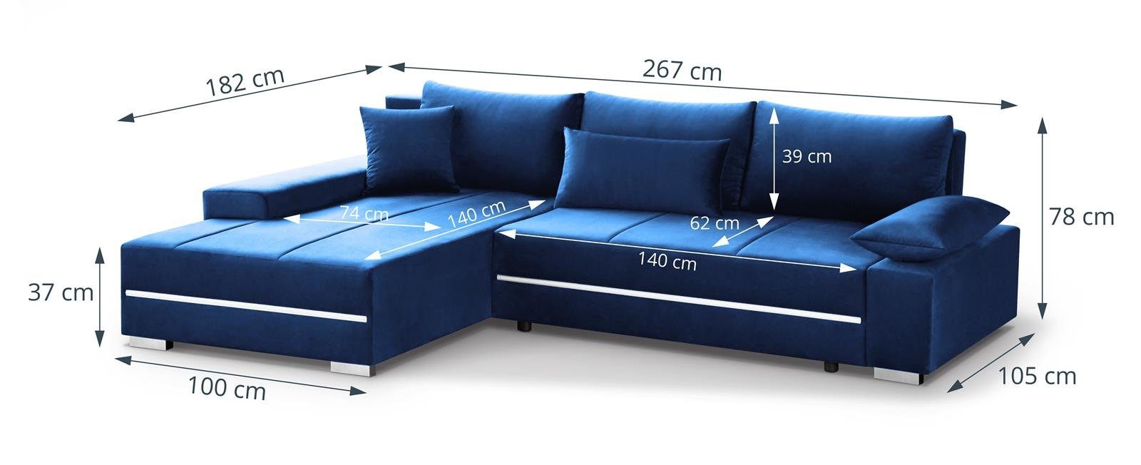 Bettkasten,modernes 81) und Aron, RGB-LED-Beleuchtung Ecksofa Eckcouch Schlaffunktion mit inklusive LED Blau (riviera Beautysofa Sofa,