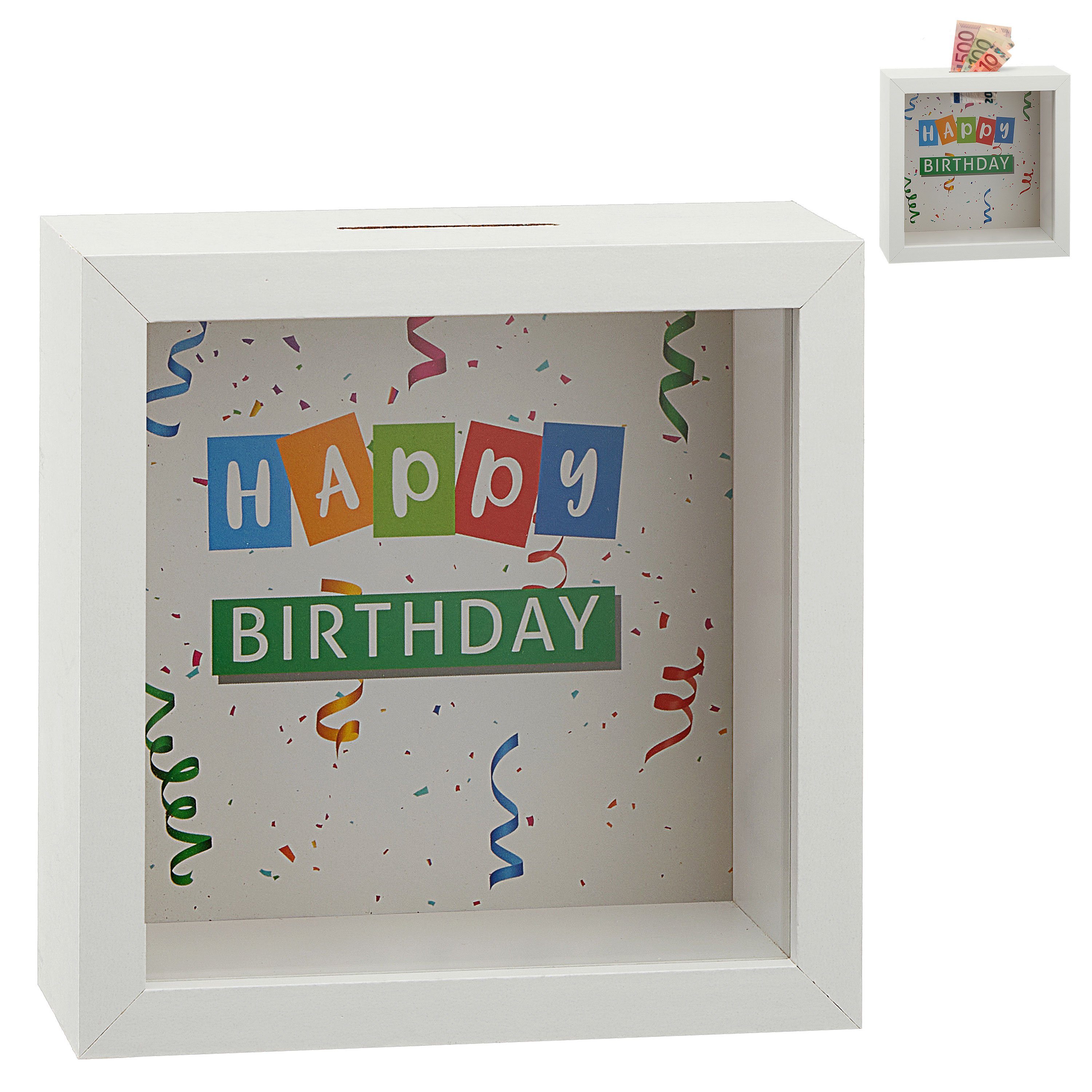 CEPEWA Spardose Spardose Geburtstag 14,5cm Rahmen MDF Glas