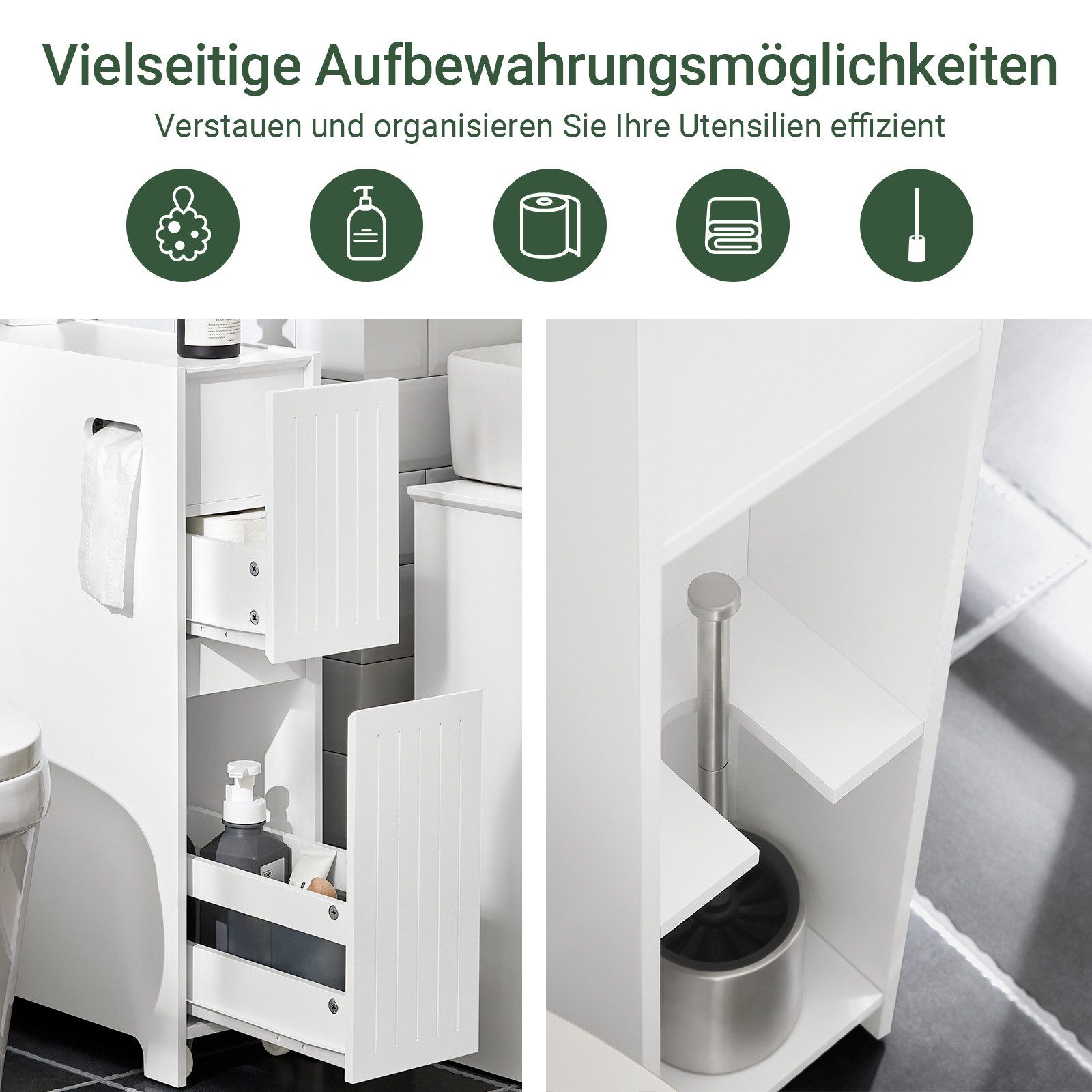 SoBuy Badregal BZR111, Badezimmerschrank schmal, Toilettenpapier-Aufbewahrung, Nischenregal mit Rollen Küchenregal Rollwagen Nischenschrank