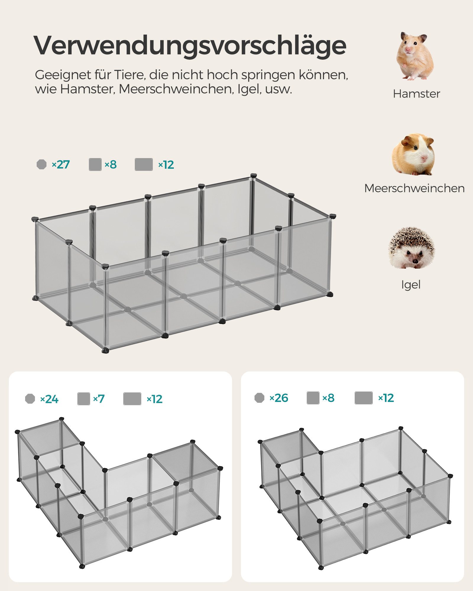 SONGMICS Kleintierkäfig Freigehege, Laufstall, aus Kunststoff mit Bodenplatten, DIY