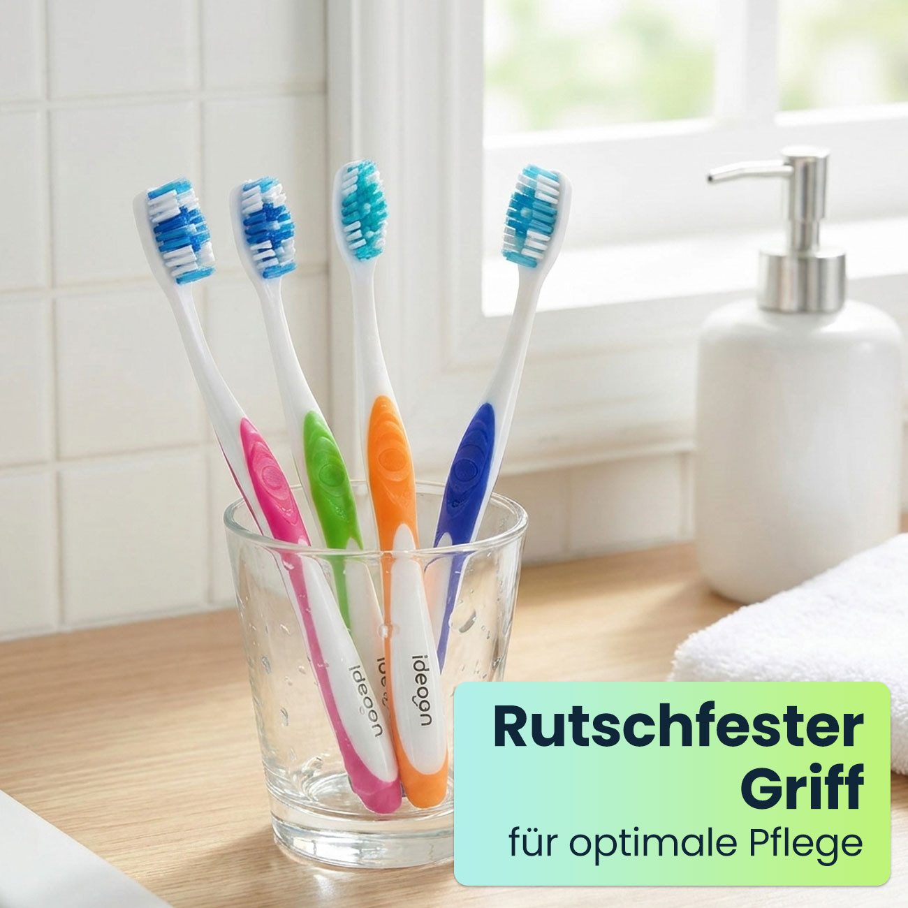 shop'n smile ideoon Zahnbürste Handzahnbürsten Set Medium mit Zungenreiniger, 12er- / 24er-Pack, Zahnbürsten-Familienpackung mit Wellenprofil & einzeln verpackt