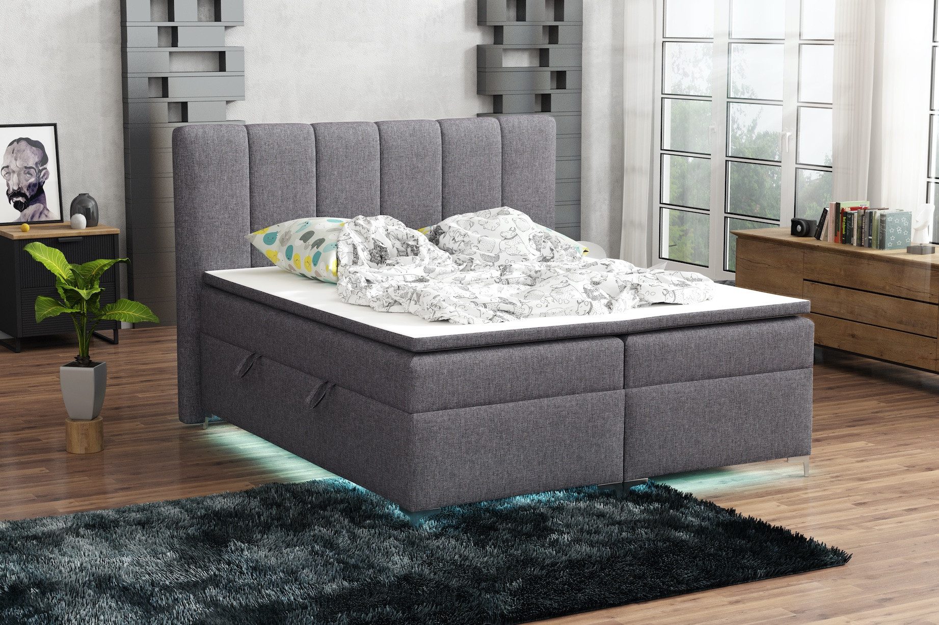 Fun Möbel Boxbett Bett Schlafzimmerbett ANGEL inkl. LED-Beleuchtung (Bettkasten Beleuchtet, inkl. Fernbedienung für die LED-Beleuchtung), Inkl. Topper und Bettkasten