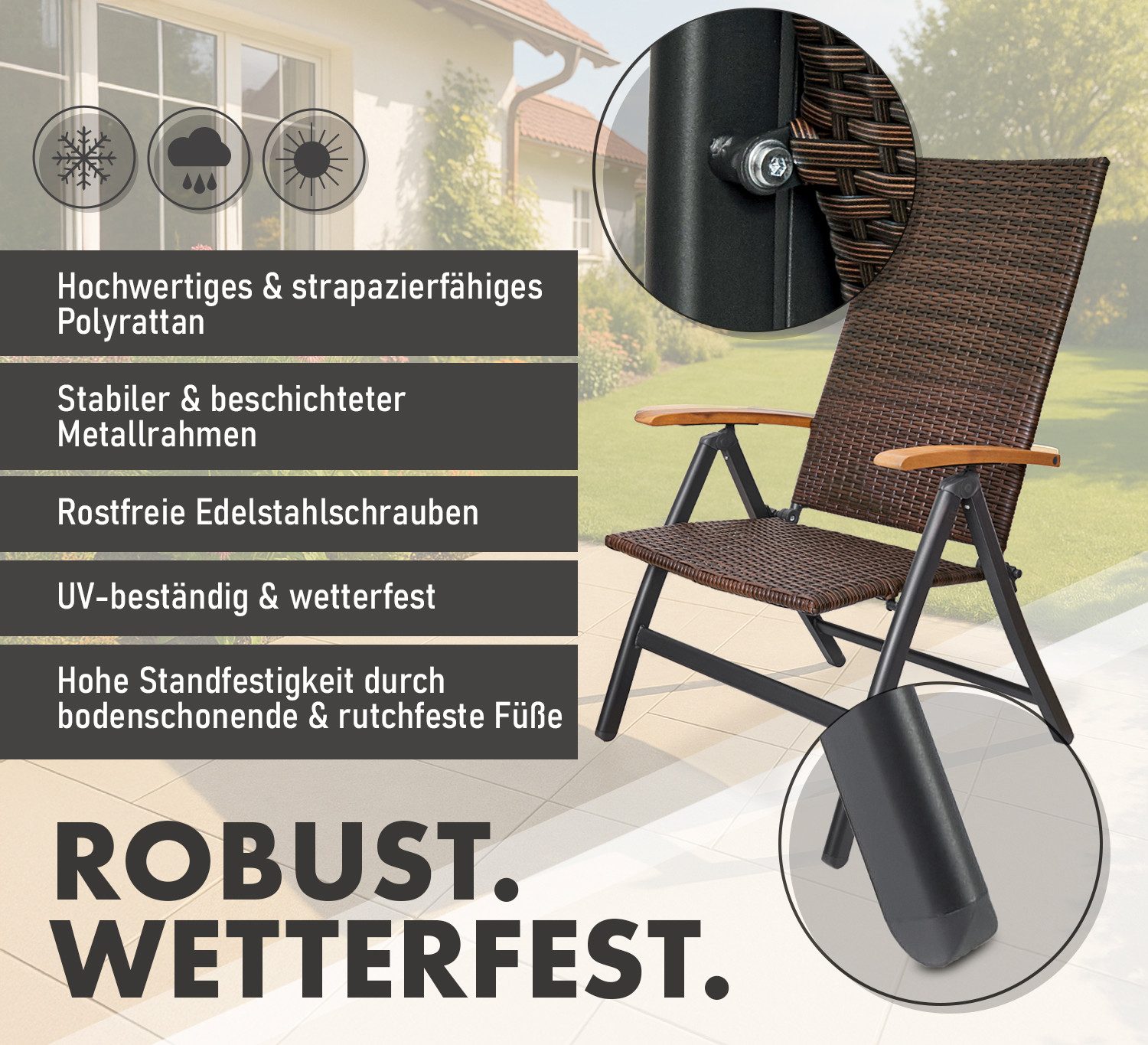 BRUBAKER Gartenstuhl Polyrattan Stuhl - Modena - klappbarer Hochlehner Campingstuhl (Wetterfest für Garten, Balkon, Terrasse - Braun Grau, 3 St), Klappstuhl aus – Bild 5 von 5