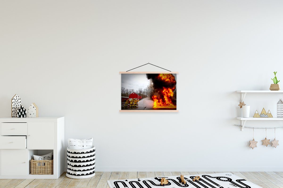 MuchoWow Poster Amerika - Feuer - Feuerwehrleute, (1 St), Posterleiste, Textilposter für Wohnzimmer, Bilderleiste, Magnetisch braun | braun