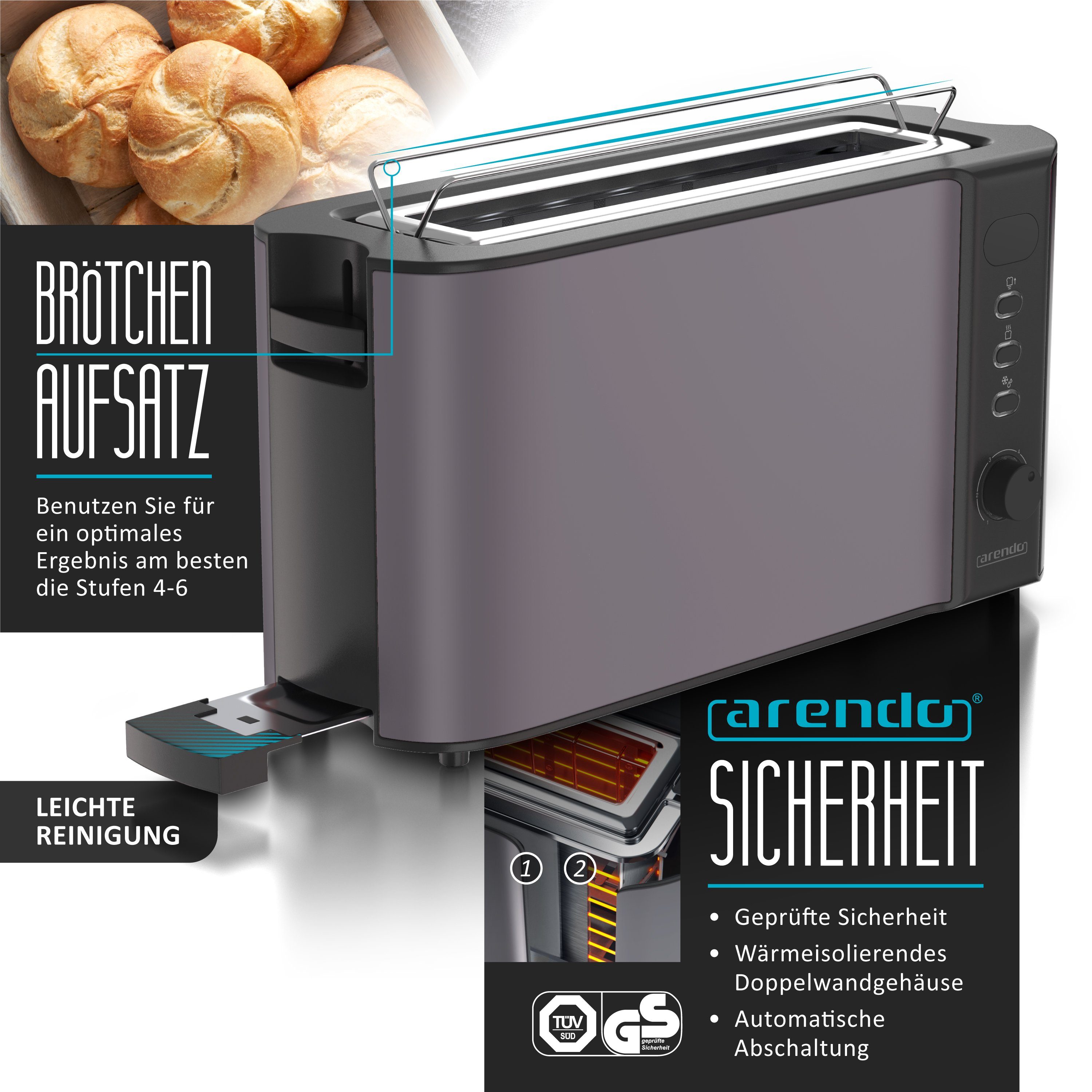 Arendo Frühstücks-Set Wasserkocher 1,5l & 2-Scheiben Langschlitz Toaster, Edelstahl, Grau (2-tlg), Wasserkocher mit Temperaturwahl, Toaster mit Brötchenaufsatz – Bild 4 von 5