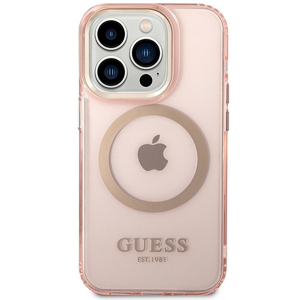Guess Smartphone-Hülle Handyhülle Schutzhülle Hartschale 6,7 Zoll, MagSafe, transparent, stoßfest, goldfarbene Details