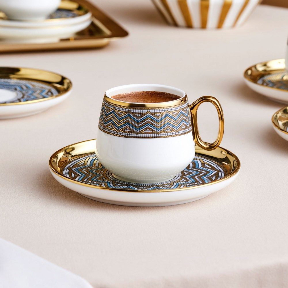 Karaca Kaffeeservice Karaca Suadiye 90 ml Kaffeetasse mit Untertasse Set 6 Personen, Blau