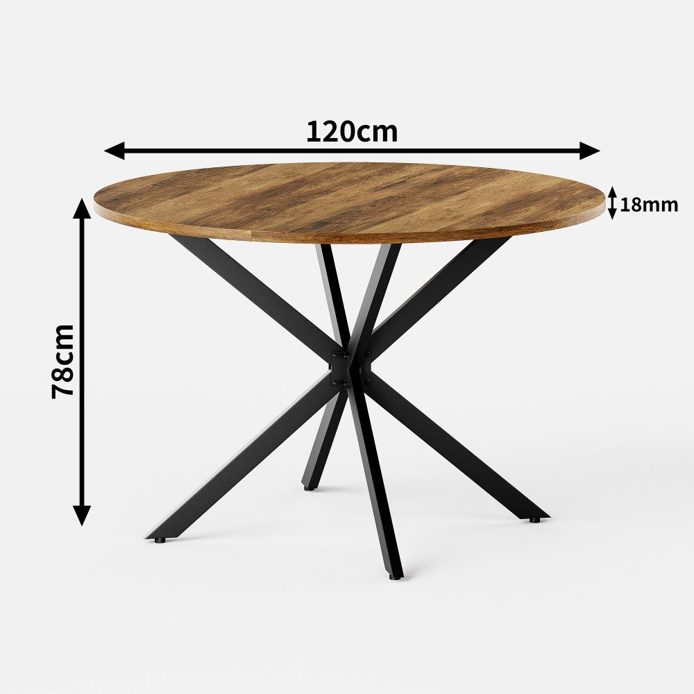 BBWL Esstisch Industrialstil Ø120 cm mit X-Metallfüßen, großer Küchentisch, Runder Esstisch für 4–6 Personen Wohnzimmer