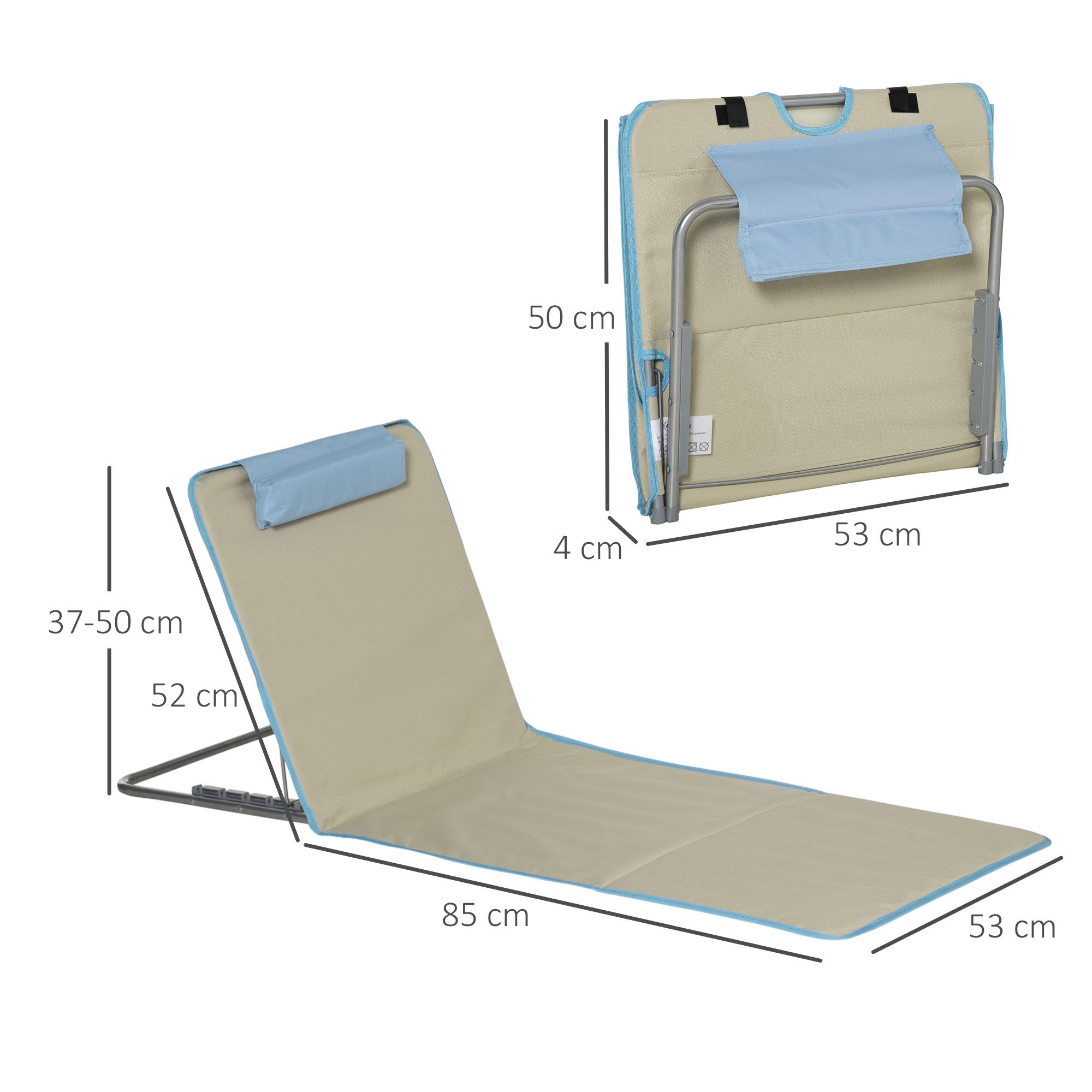 Outsunny Gartenliege Faltbare Strandmatratze, Höhenverstellbare Strandmatratze mit Tragetasche, 2 St., Oxfordstoff, Beige+Hellblau, 124 x 53 x 35-45 cm