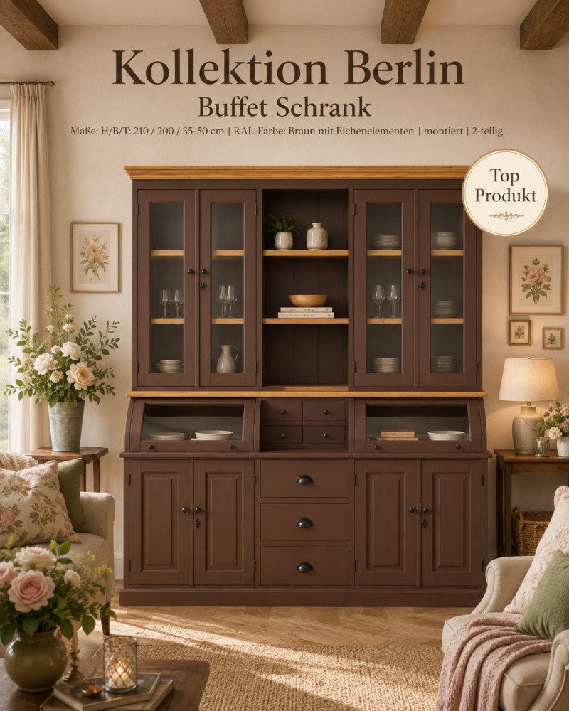 Wohnpalast Buffet Buffet Schrank Berlin 200 cm Kastanienbraun mit Eiche- Landhaus Möbel