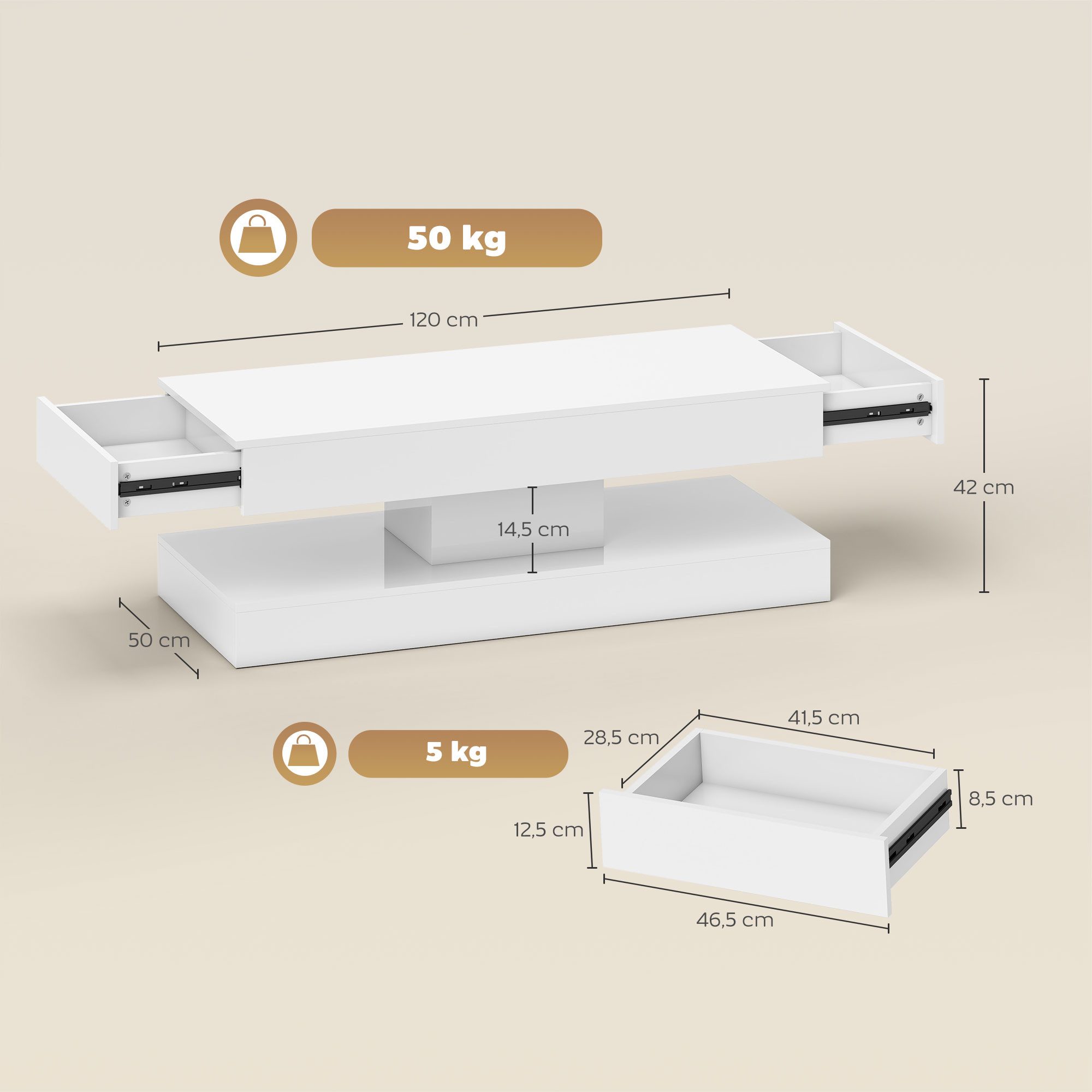 HOMCOM Couchtisch mit 12-Farbiger LED Beleuchtung, 2 Schublade, offenem Regal (Wohnzimmertisch, 1-St., Modern Beistelltisch), Kaffeetisch für Wohnzimmer 120 x 50 x 42 cm, Weiß