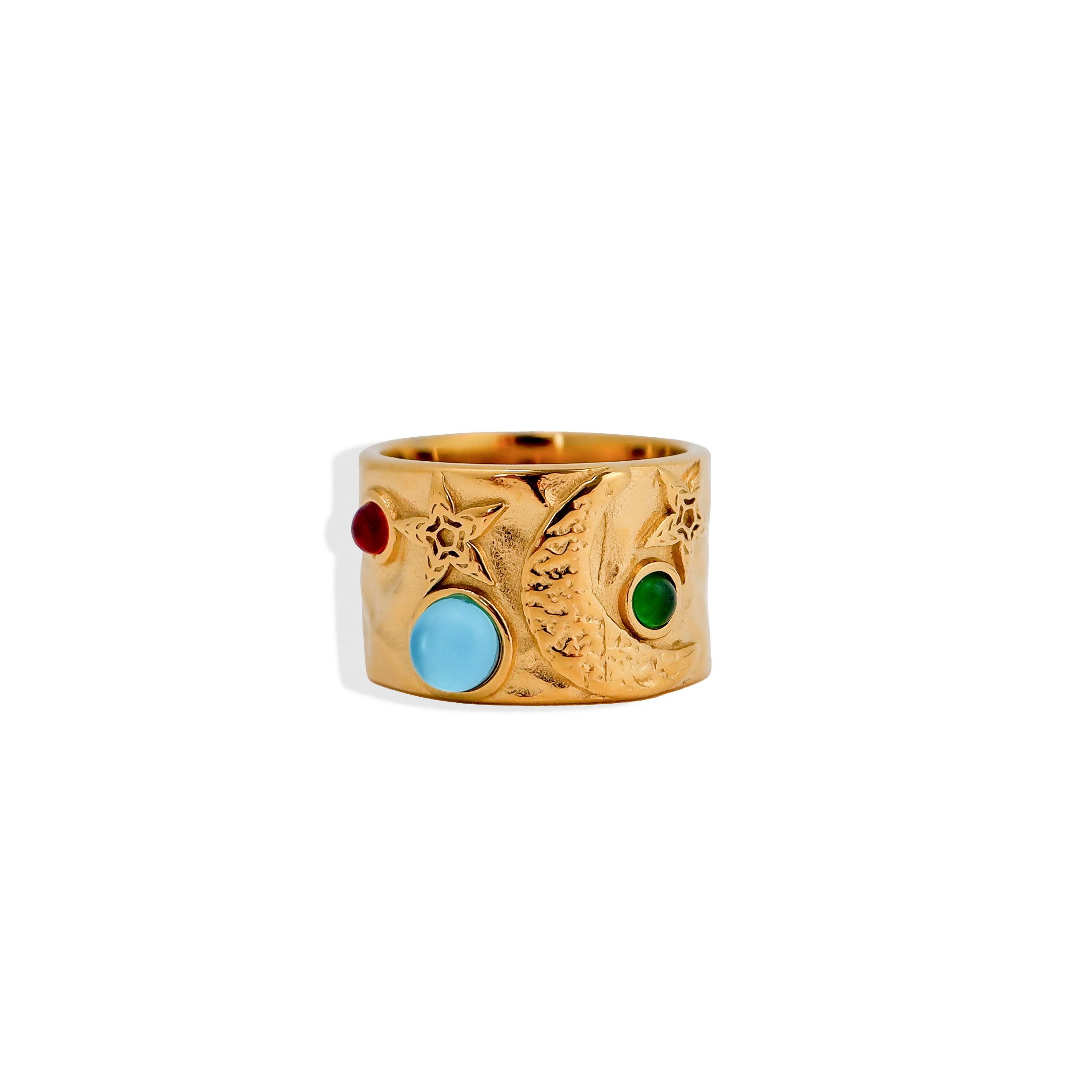 SHELAGO Fingerring - Boho Statement Ring Gold, Mond Sterne Ring mit Schmucksteinen (1 Ring, inkl. Schmuckverpackung), Vergoldeter Edelstahl, Breiter Bandring, Boho Statement Ring