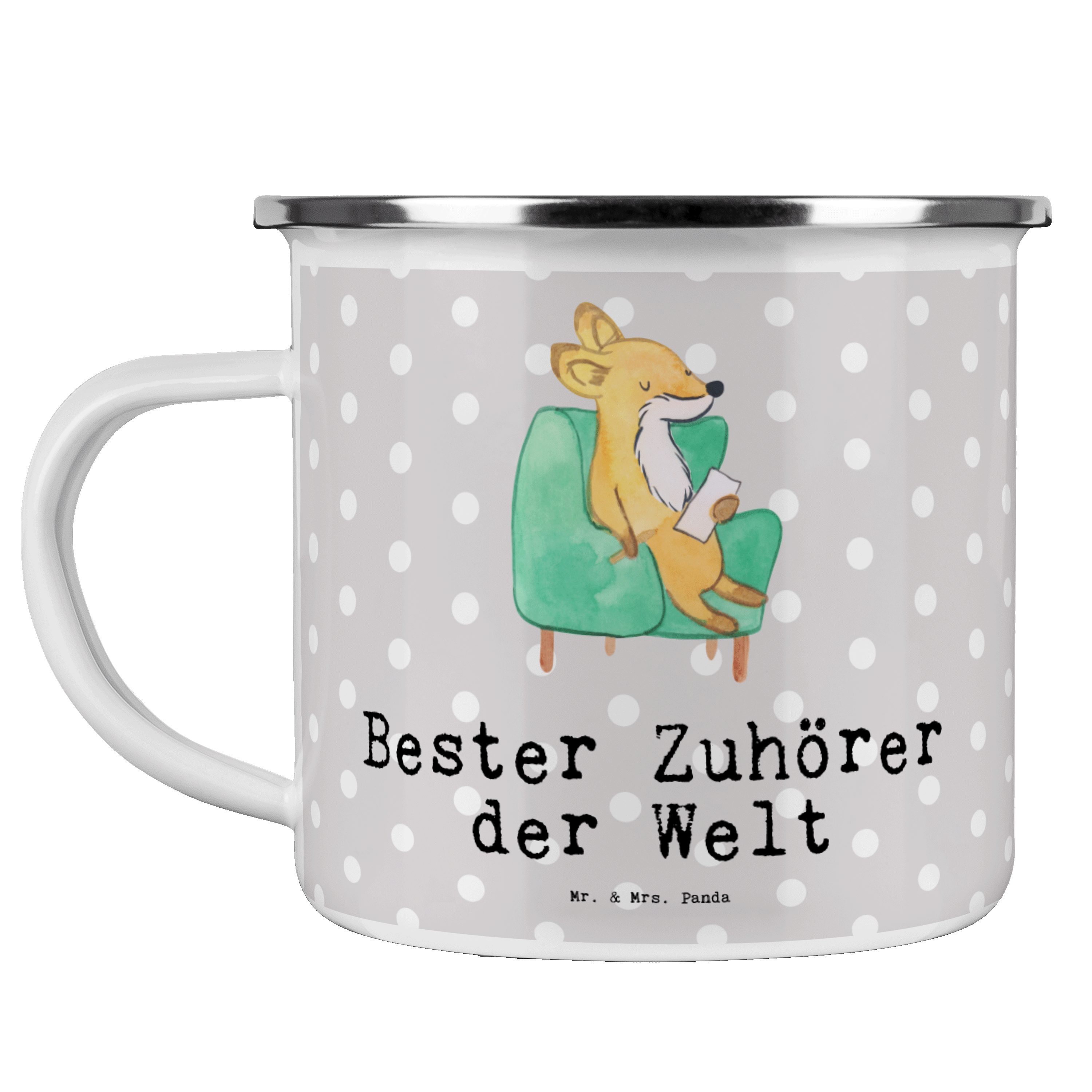 Mr. & Mrs. Panda Becher Fuchs Bester Zuhörer der Welt - Grau Pastell - Geschenk, Geschenkidee, Emaille