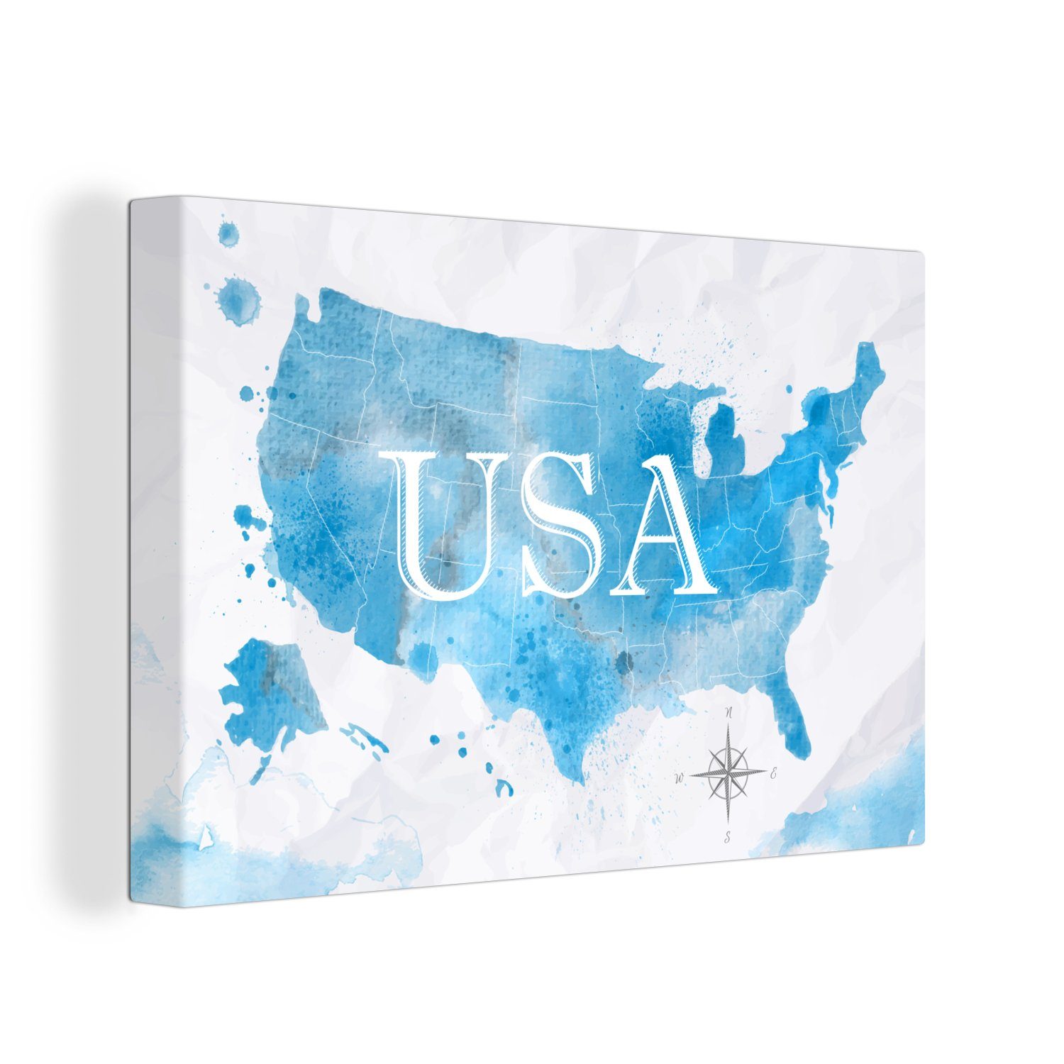 30x20 Vereinigte OneMillionCanvasses® Staaten Leinwandbilder, Weltkarte Wandbild (1 - - Leinwandbild Wanddeko, St), Aufhängefertig, Aquarell, cm