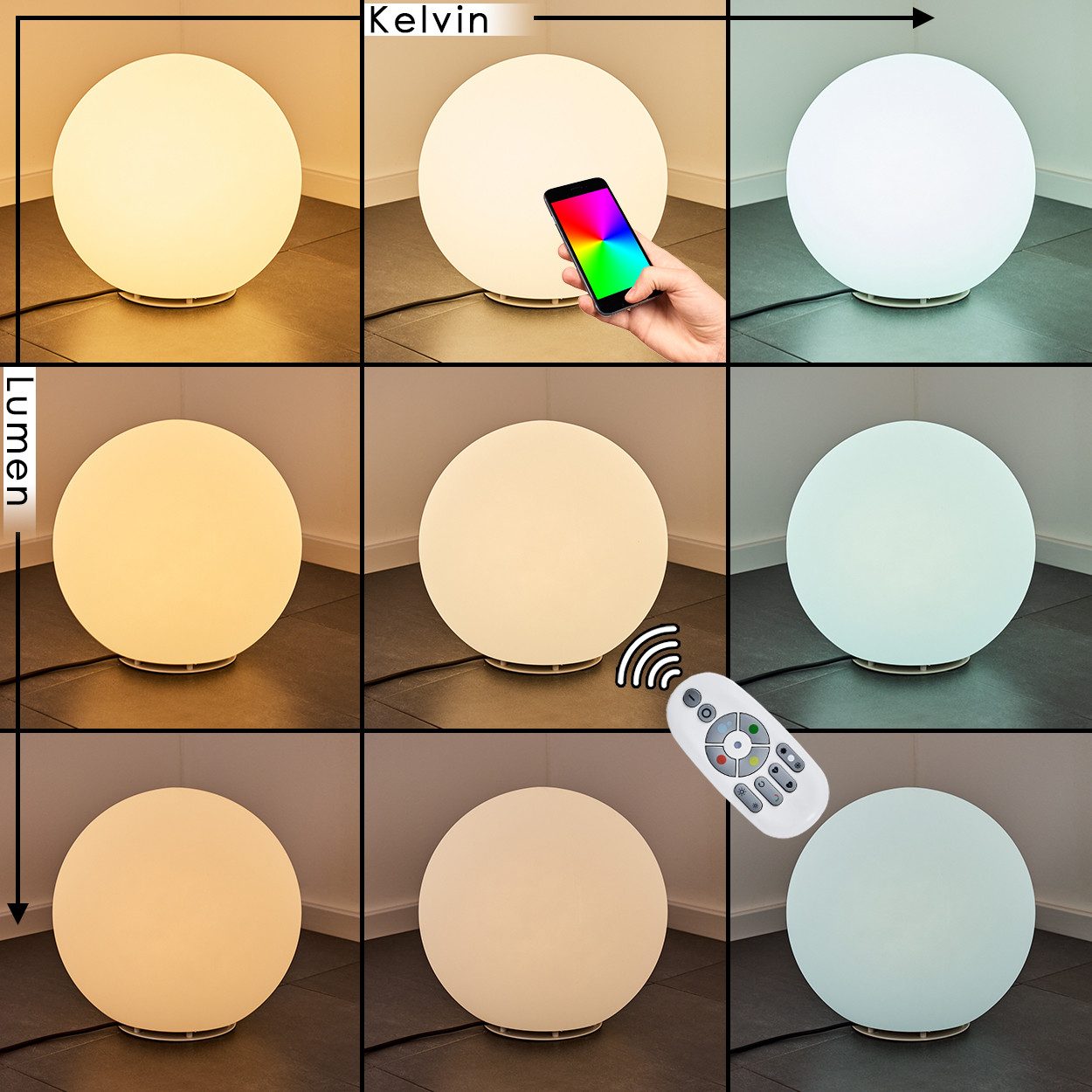 hofstein Pollerleuchte Kugellampe 2er Set, Kunststoff, Wegelampe Ø 30,39,50cm, Fernbedienung, RGB Wegelampe, CCT einstellbar 2700-6500, Farbwechsler, IP 65, E27