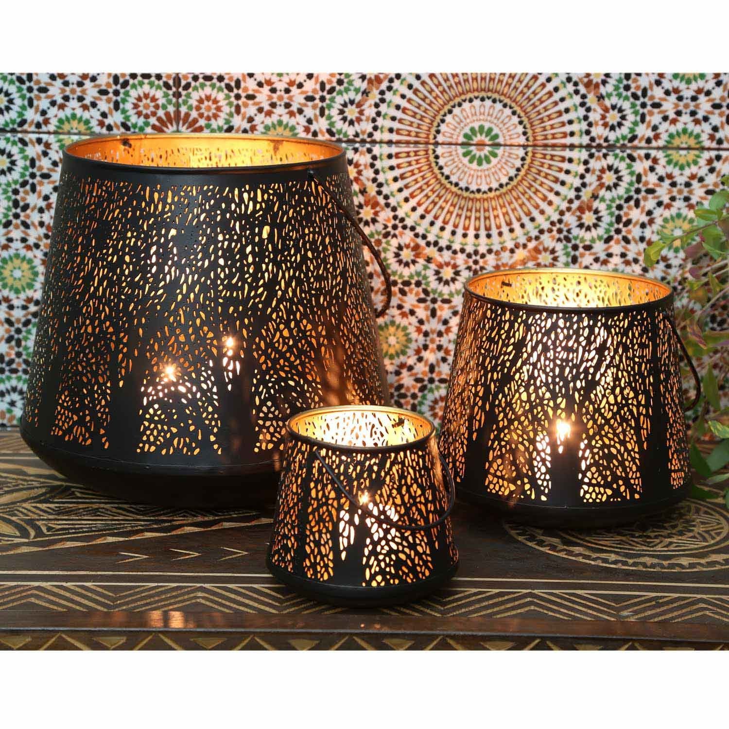 3er Windlicht Henkel), Moro innen Set Windlicht außen Weihnachten Marokkanische Kerzenhalter Laternen Casa runde mit Como Gold schwarz (3 IRL70 Windlicht Orientalisches