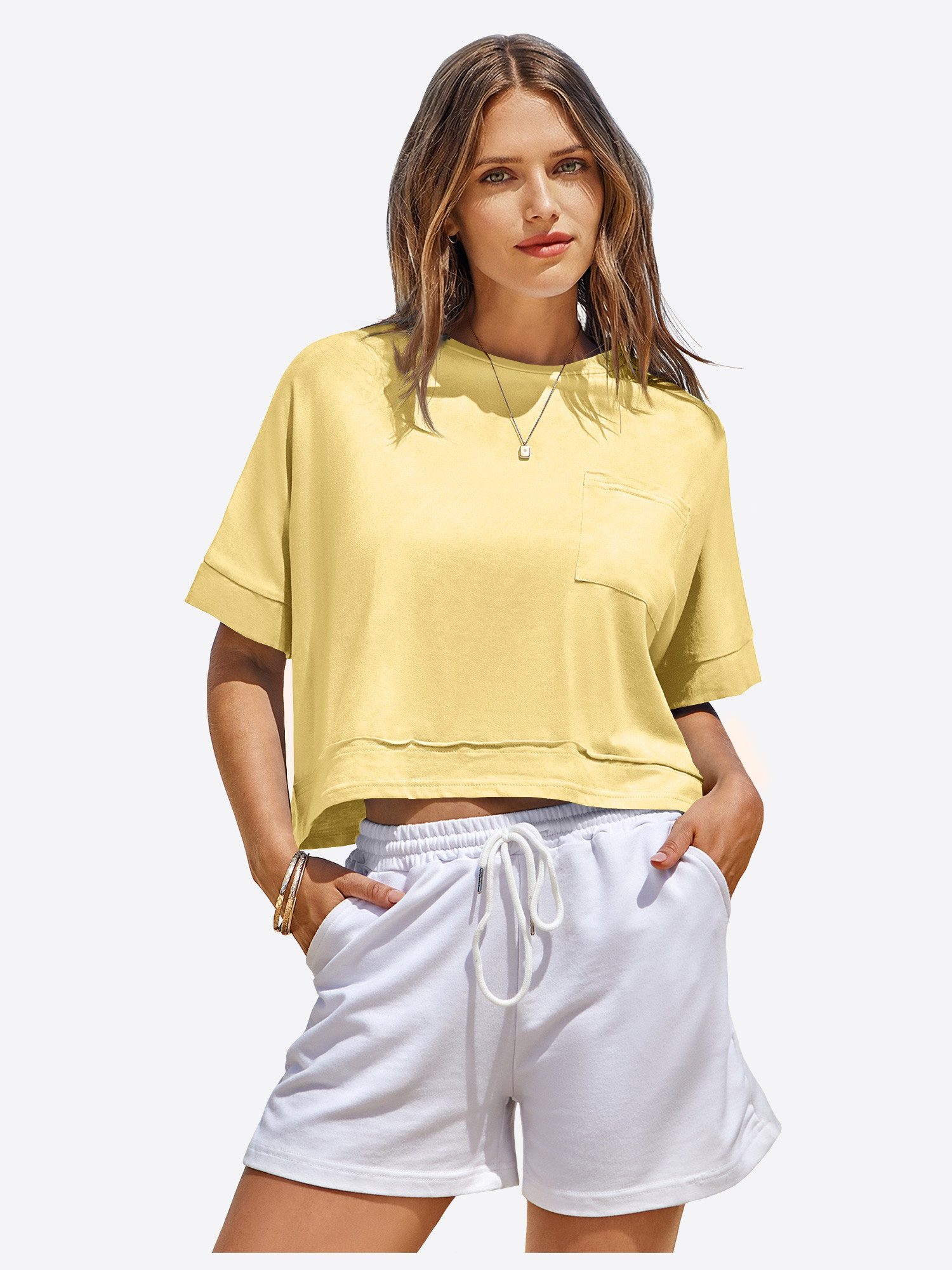Imily Bela T-Shirt Damen Oversize Cropped Kurzarm Sommer Basic Casual mit Brusttasche (Packung, 1-tlg., 1per-Pack) mit Rundhalsausschnitt in Unifarbe