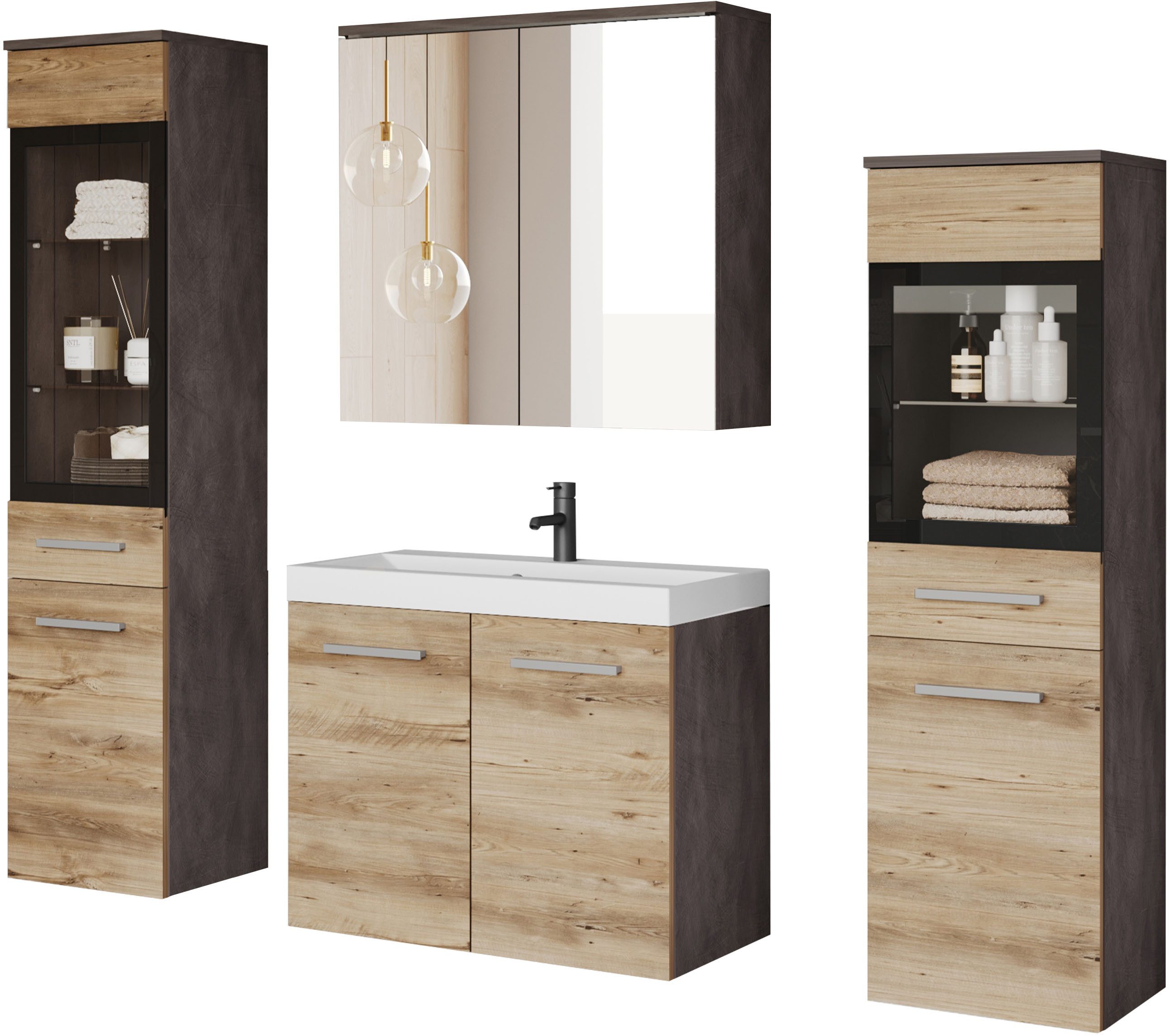 welltime Badmöbel-Set MADRIT II, Schrank mit Waschbecken, 2 Hänger, Spiegelschrank, (Komplett-Set, 5-St), Hängende Badmöbel mit Glaseinsätzen – in vielen Farben erhältlich