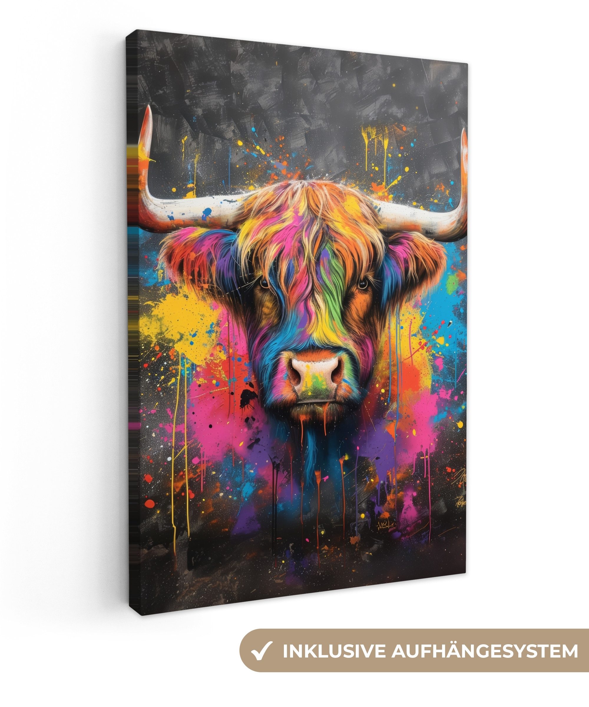 Leinwandbild Graffiti - Schottische Highlander - Kuh - Bunt