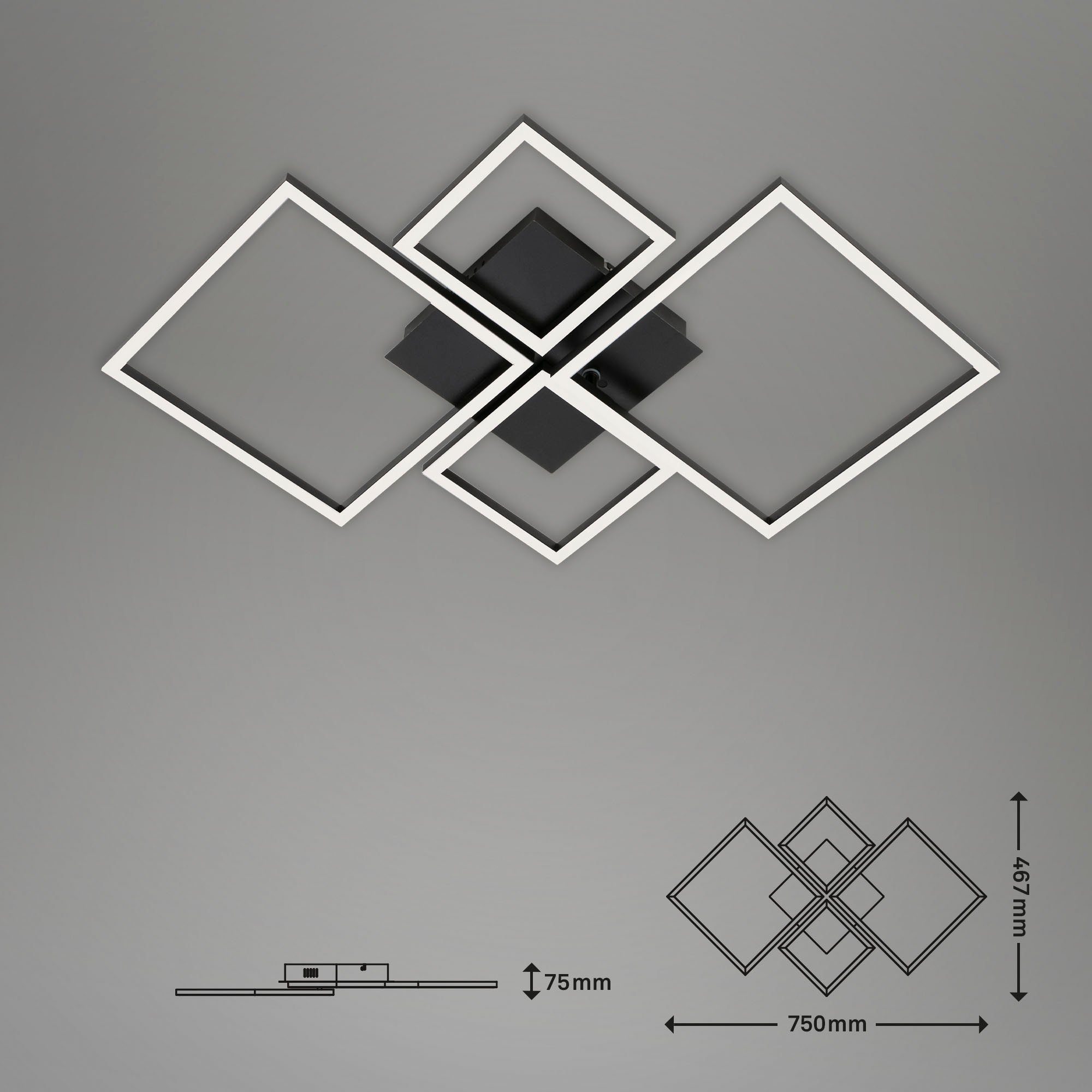 Briloner Leuchten LED Deckenleuchte 3093018 FRAME, CCT - über Fernbedienung, Farbwechsel, Nachtlichtfunktion, Timerfunktion, LED fest integriert, Kaltweiß, Neutralweiß, Tageslichtweiß, Warmweiß, Deckenlampe, 75x46,7x7,5cm, Chrom-Alu, Wohnzimmer, Schlafzimmer