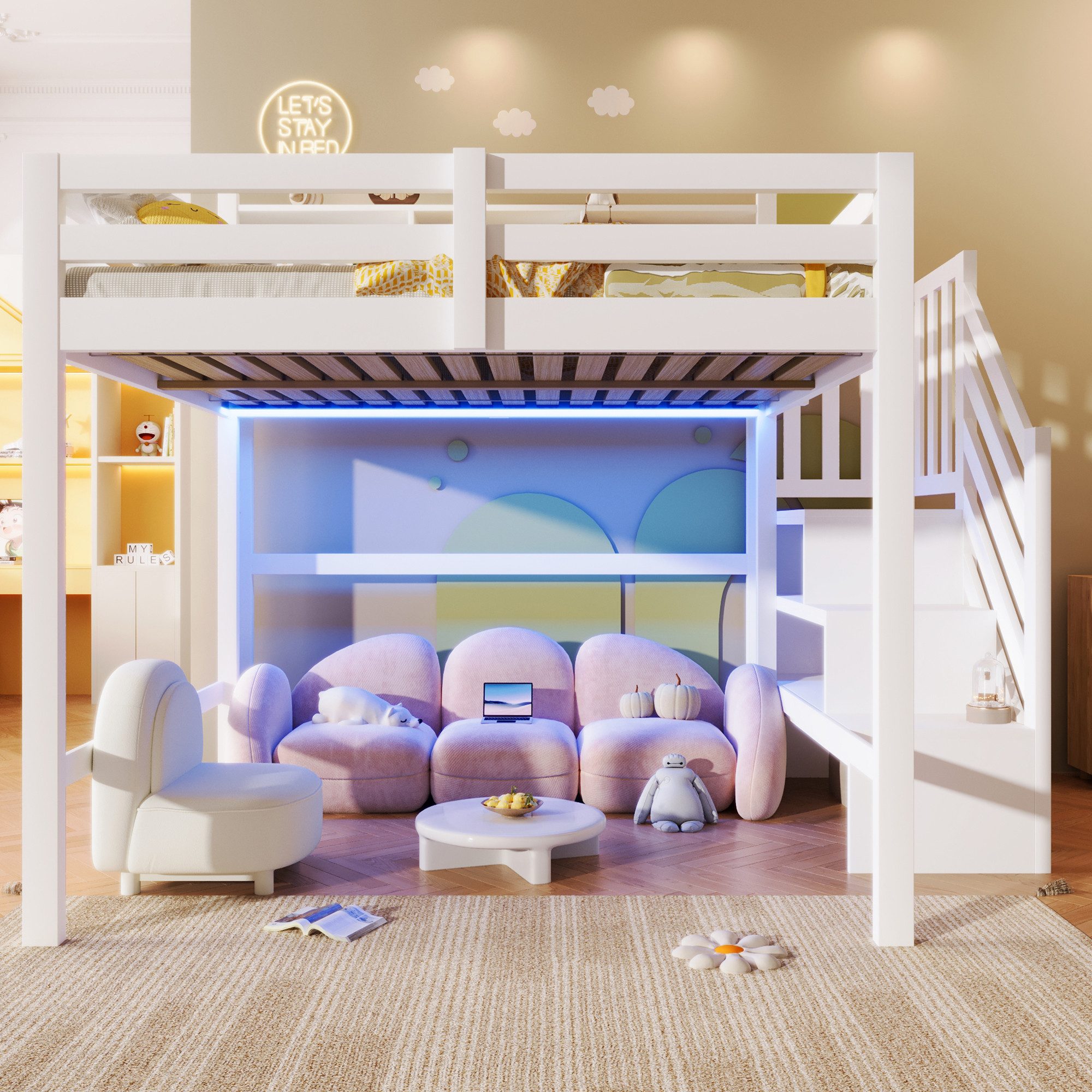 Flieks Hochbett Kinderbett 140x200cm mit LED-Beleuchtung und Stauraumtreppe