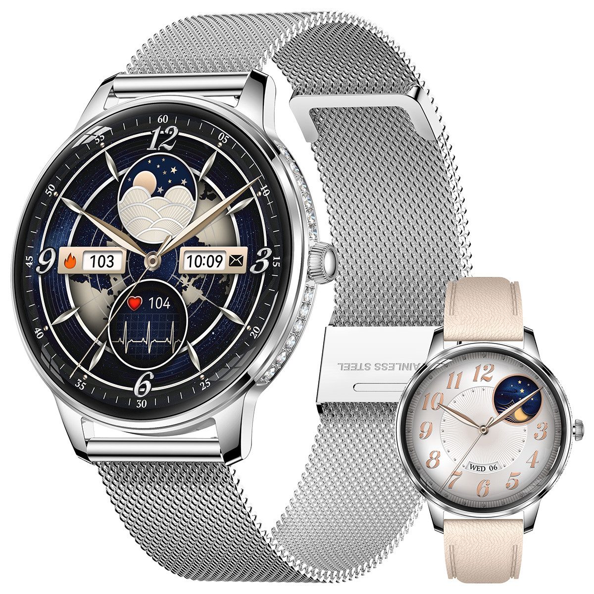 Vashoy Smartwatch Damen,1.19" mit Bluetooth-Anrufen & Sprachassistent Smartwatch (38mm cm/1.19 Zoll, Android4.4/IOS1.0) Spar-Set, 4-tlg., Schritte, Puls, Blutdruck, Stress, Schlaf, Zyklus, IP68 Wasserdicht – Fitnessuhr Kompatibel mit iOS Android