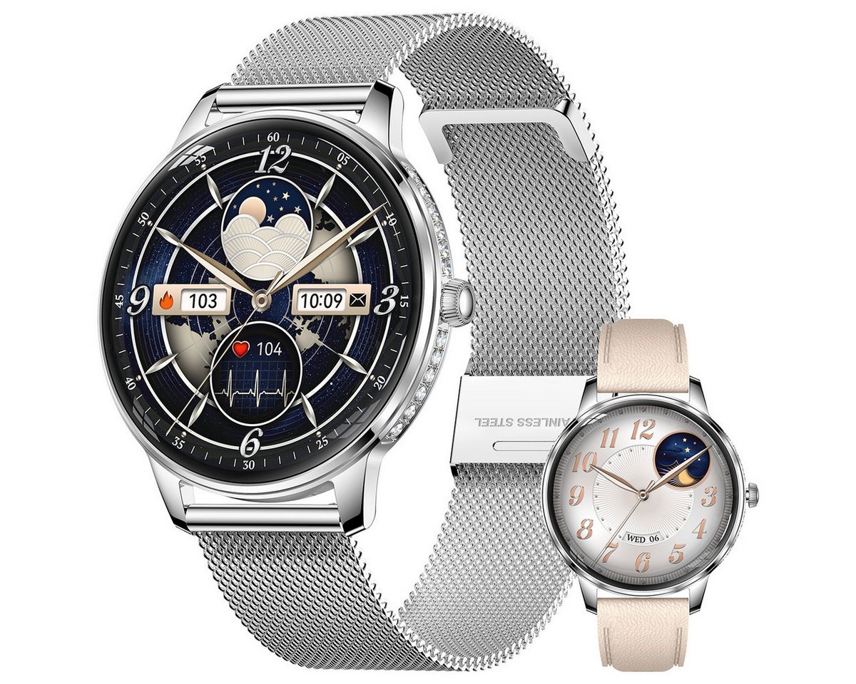 Vashoy Smartwatch Damen,1.19" mit Bluetooth-Anrufen & Sprachassistent Smartwatch (38mm cm/1.19 Zoll, Android4.4/IOS1.0) Spar-Set, 4-tlg., Schritte, Puls, Blutdruck, Stress, Schlaf, Zyklus, IP68 Wasserdicht – Fitnessuhr Kompatibel mit iOS Android