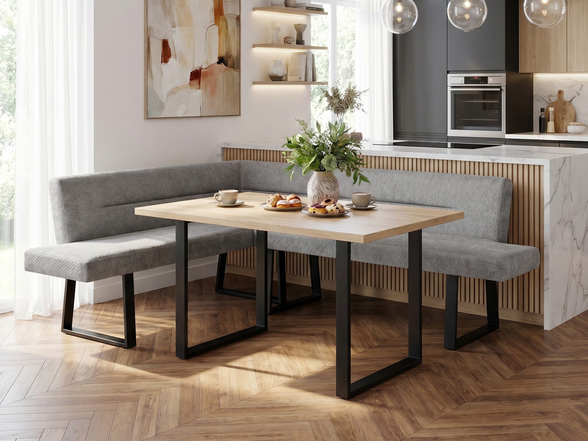 Beautysofa Eckbank CRESTO (Polsterbank für Esszimmer und Küche, Ecksofa für das Esszimmer mit schwarzen Metallbeinen), moderne Esszimmerbank für die ganze Familie