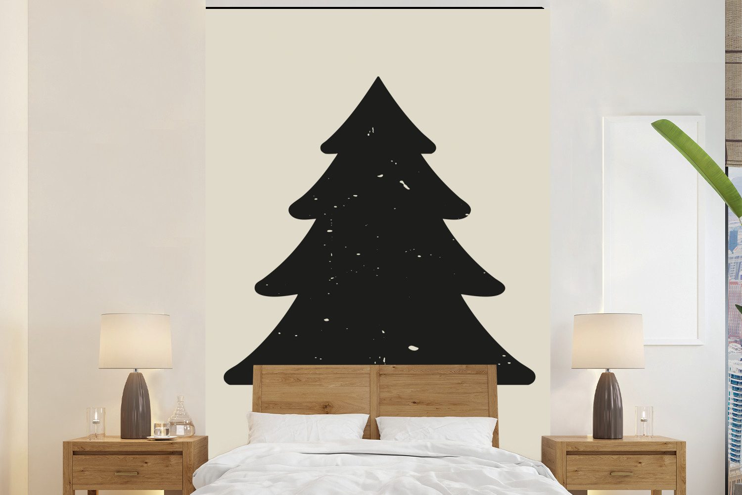 MuchoWow Fototapete Weihnachtsbaum - Schwarzer Weihnachtsbaum - Baum - Japandi, Matt, bedruckt, Montagefertig Vinyl Tapete, Wandtapete, 145x220 cm