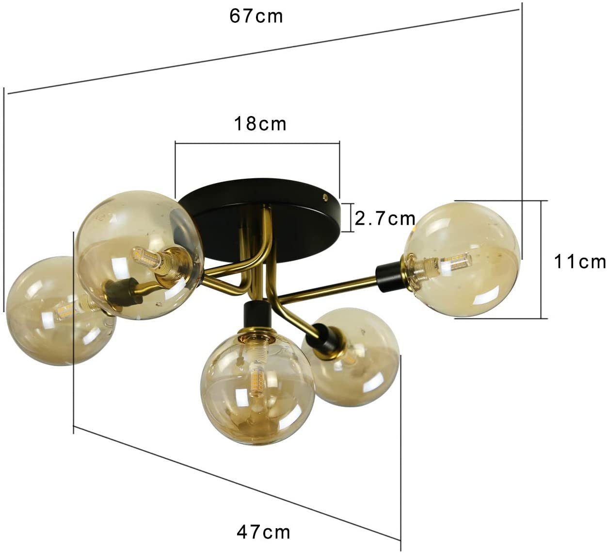 Deckenleuchte LED wechselbar Wohnzimmerlampe, deckenlampe Glas Bernstein ZMH Kugel