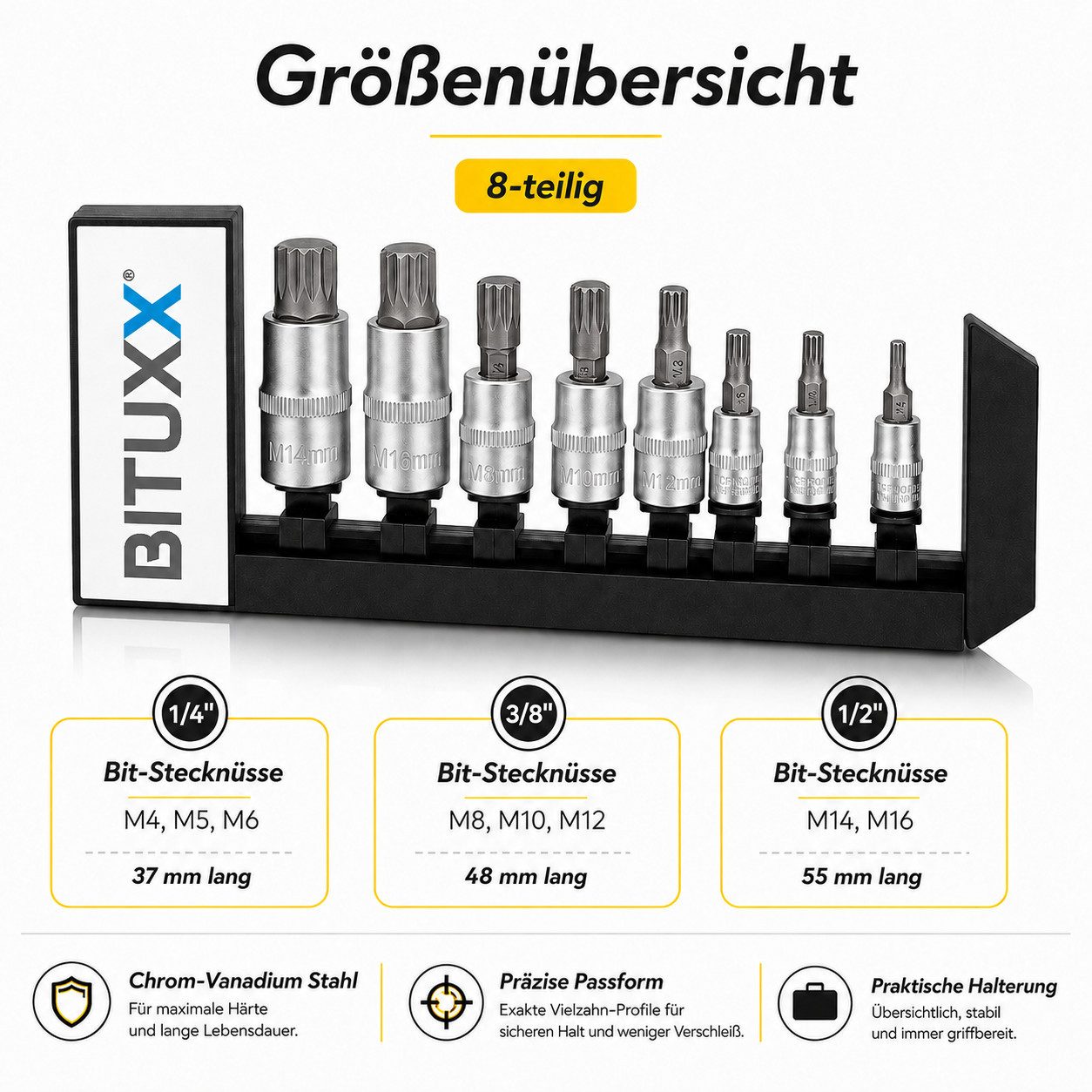Bituxx Bit- und Steckschlüsselset Set 8 tlg. Vielzahn Nuss, Set, 8-St., MS-13387, mit Kuststoffhalter – Bild 3 von 5