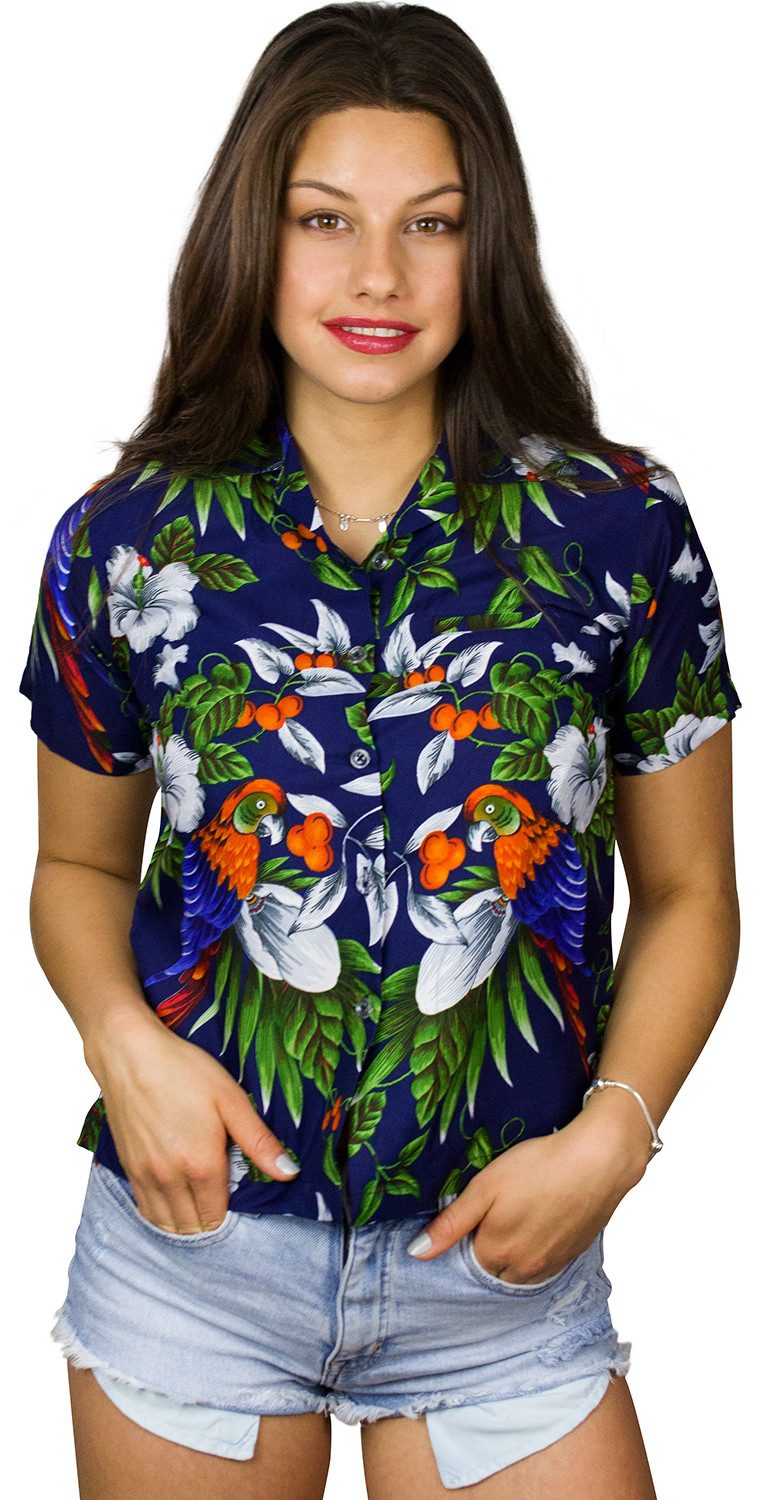 King Kameha Hawaiihemd Cherryparrot Funky Hawaiibluse Damen Kurzarm Front-Tasche Stylish