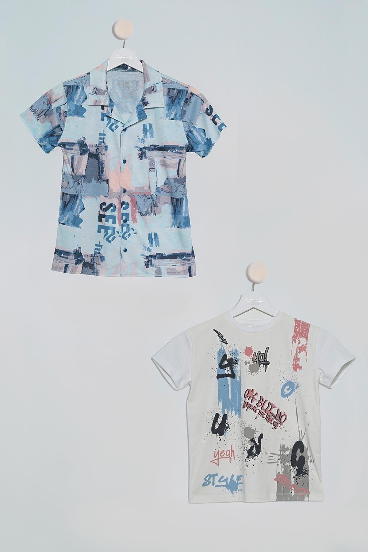 For You Moda Frackhemd 2er-Pack Bedruckte Indigo T-Shirt Set
