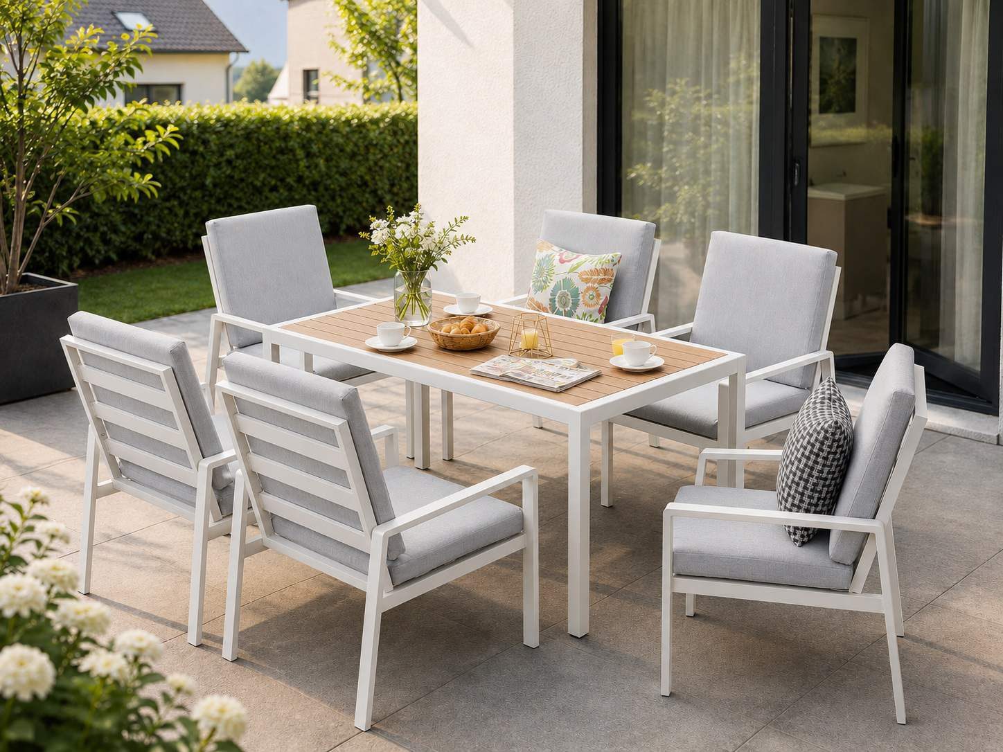 MeXo Gartenlounge-Set Gartenmöbel Set Aluminium Outdoor, (Garten-Essgruppe für 6 Personen, 7-tlg., mit Polywood Tisch & Auflagen), wetterfest für Terrasse & Garten