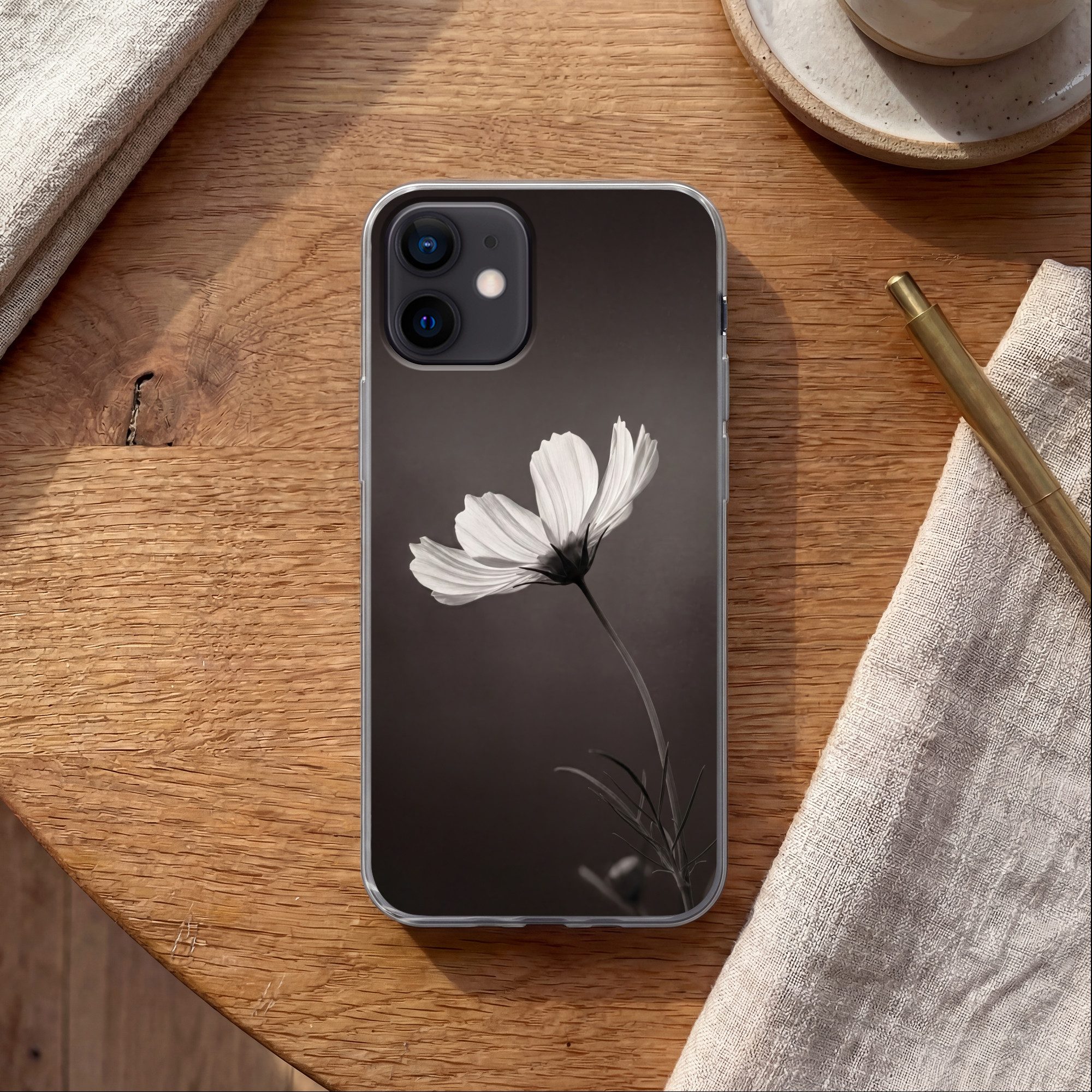 MuchoWow Handyhülle für Apple iPhone 12 Pro Blume - Minimalistisch - Schwarz - Weiß, Smartphone-Bumper, Print, Handy Schutzhülle Dünn