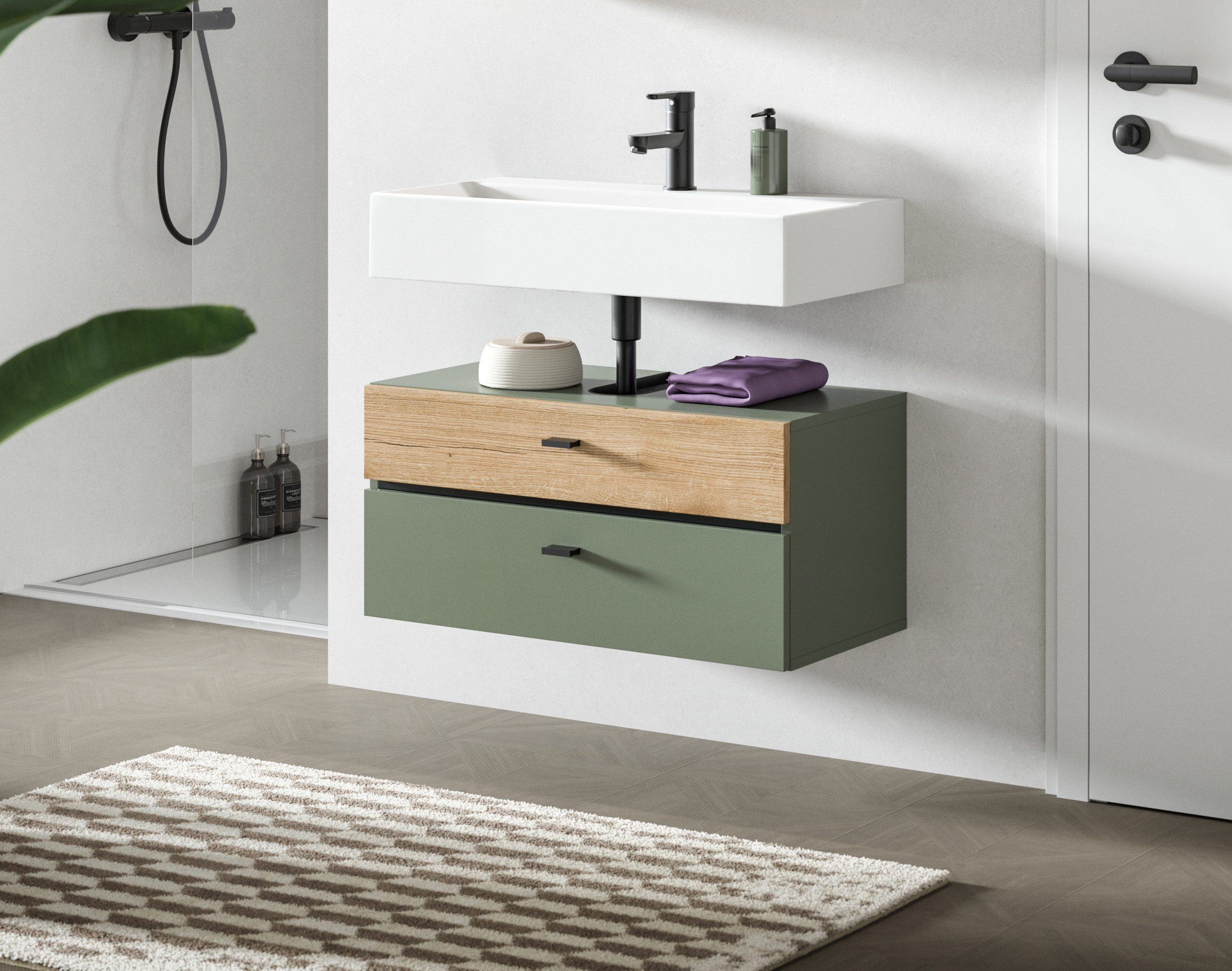 welltime Waschbeckenunterschrank VANN, Breite 75cm, hängende, 2 Schubkästen, mit Siphonausschnitt (individuell mit weiteren Artikel der Serie VANN kombinierbar) Waschtisch, Waschbeckenschrank, Kommode, Schrank, Badezimmer, Bad