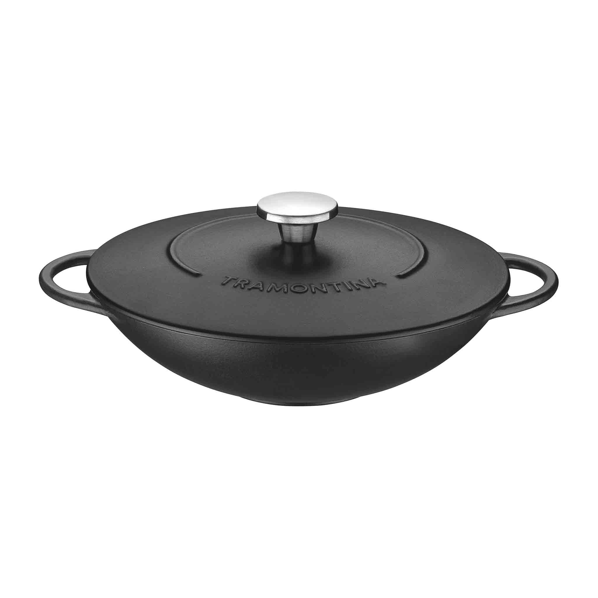 Tramontina Wok TRENTO - Gusseisen, Woktopf, 32 cm, Gusseisen (1 Wok, 1 Deckel), Woktopf mit Deckel, Induktion, Optimale Wärmeleitung