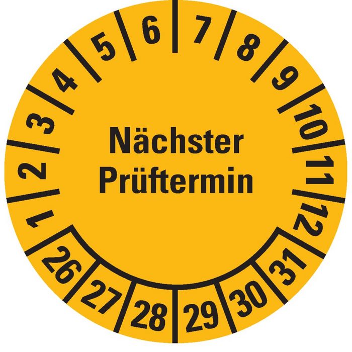 König Werbeanlagen Hinweisschild Prüfplakette Nächster Prüftermin 26-31 gelb Folie ablösbar Ø 25mm 105/Heft