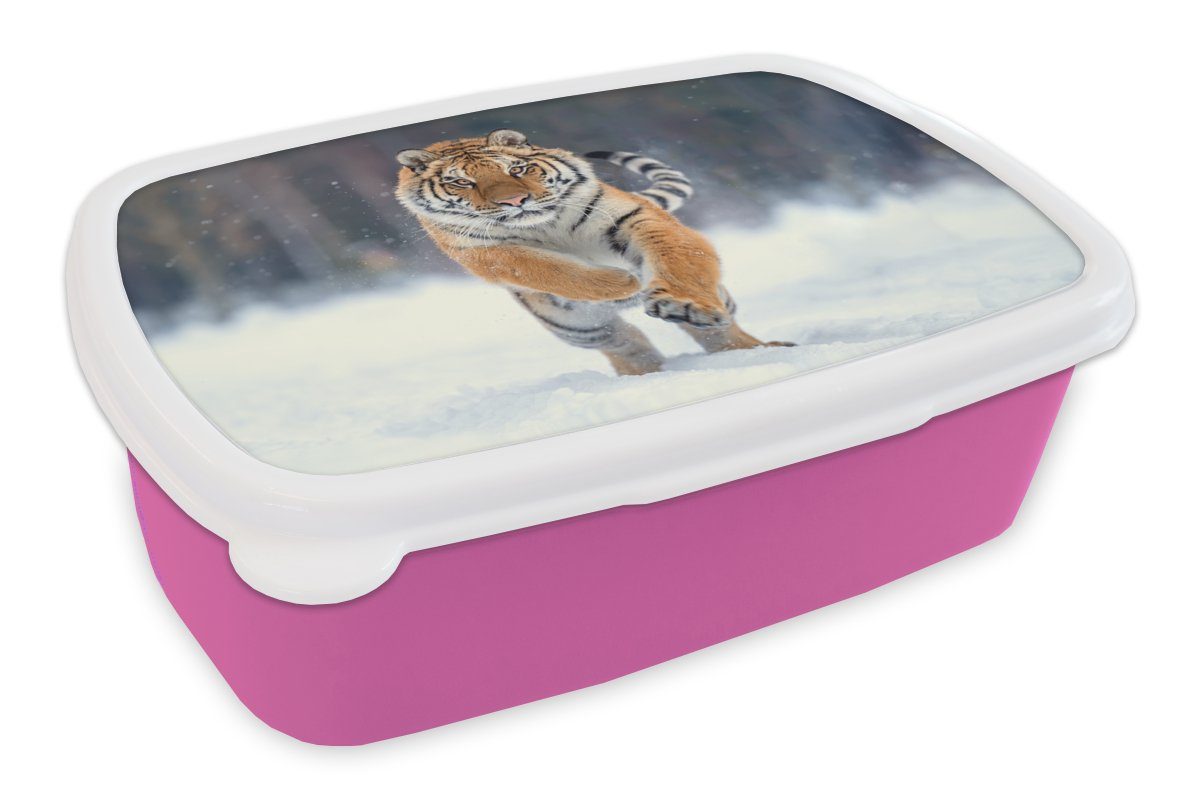 MuchoWow Lunchbox Tiger - Landschaft - Schnee - Tiere, Kunststoff, (2-tlg), Brotbox für Erwachsene, Brotdose Kinder, Snackbox, Mädchen, Kunststoff rosa