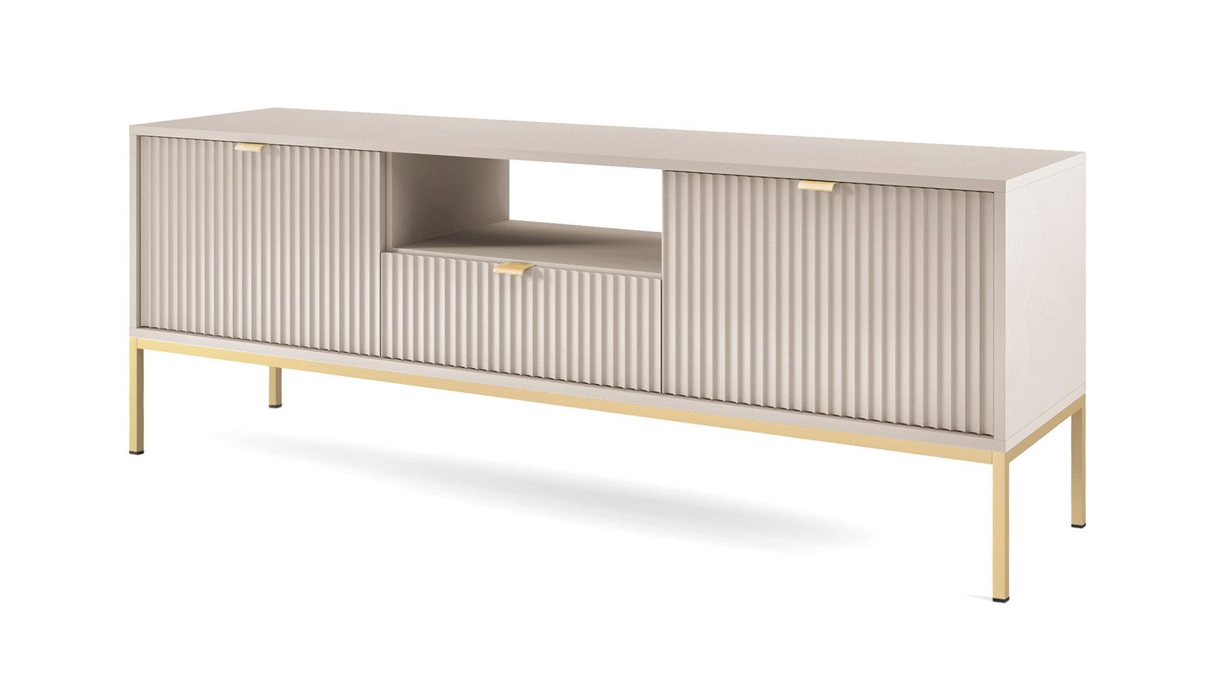 Feldmann-Wohnen Lowboard Nova (2 Türen, 1 offenes Fach, 1 Schublade, 1 St., Riffel-Optik Front, goldfarbene Metallgriffe, ABS-Kanten), 154x39x56cm Fronten mit ausdrucksstarkem geriffelten Muster