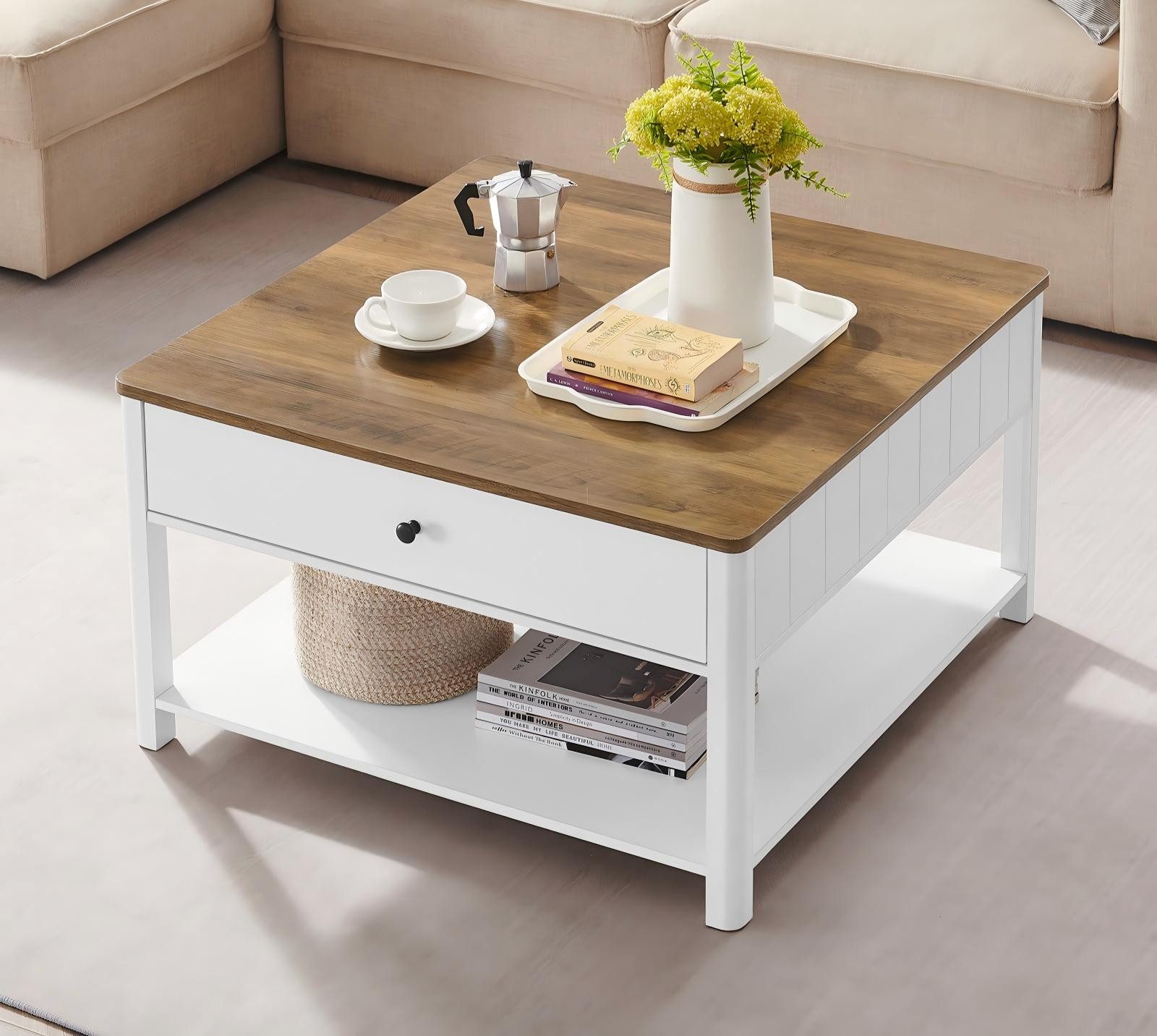 VASAGLE Couchtisch Wohnzimmertisch, 2 große Schubladen, quadratisch, für Wohnzimmer (inkl. Zubehörpaket & Anleitung), Sofatisch, viel Stauraum, Landhausstil, walnussbraun-weiß