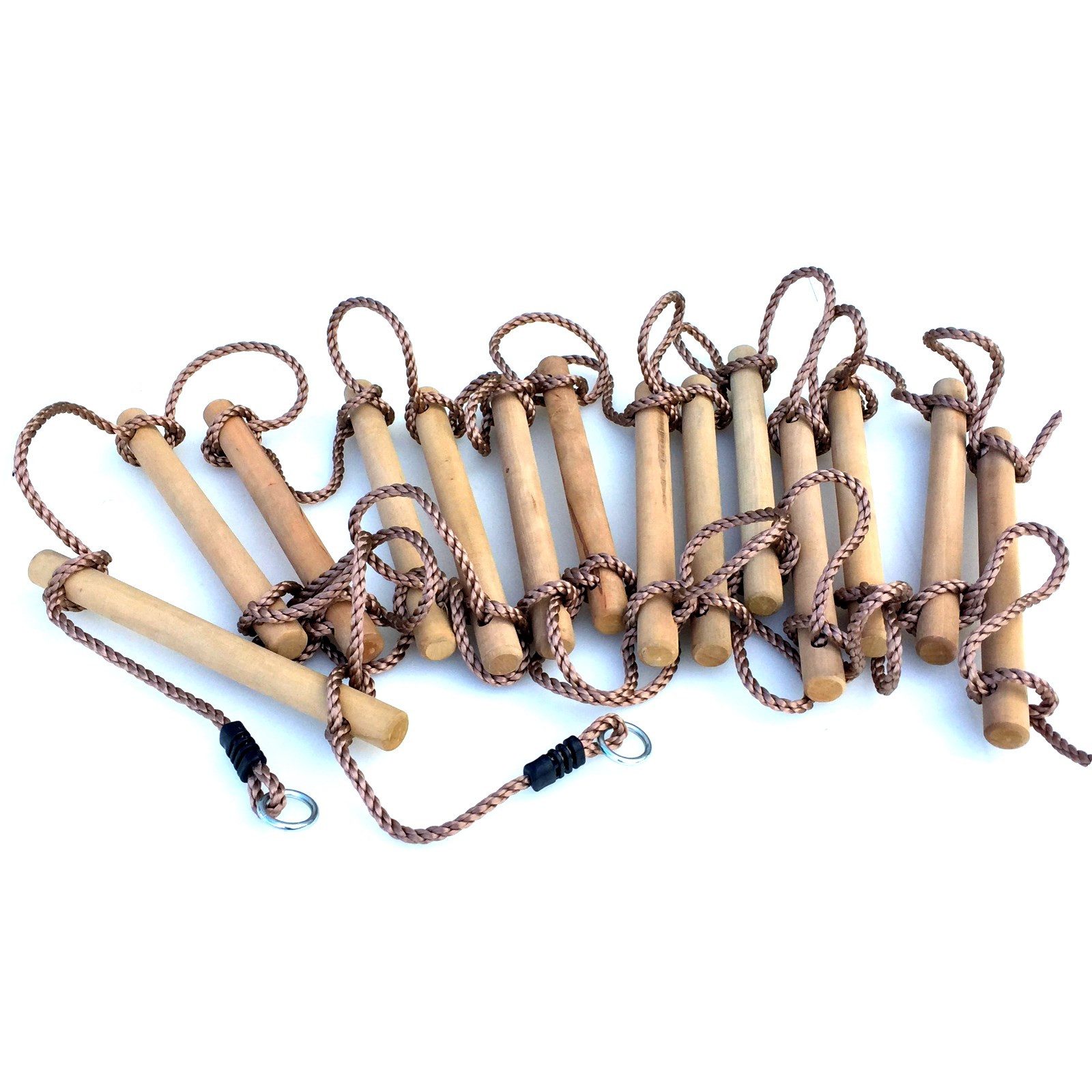 Loggyland Kletterseil Strickleiter 14 Holzsprossen 4,90 m lang Spielturm Schaukel, mit Metallringen zum Aufhängen und 14 Sprossen!