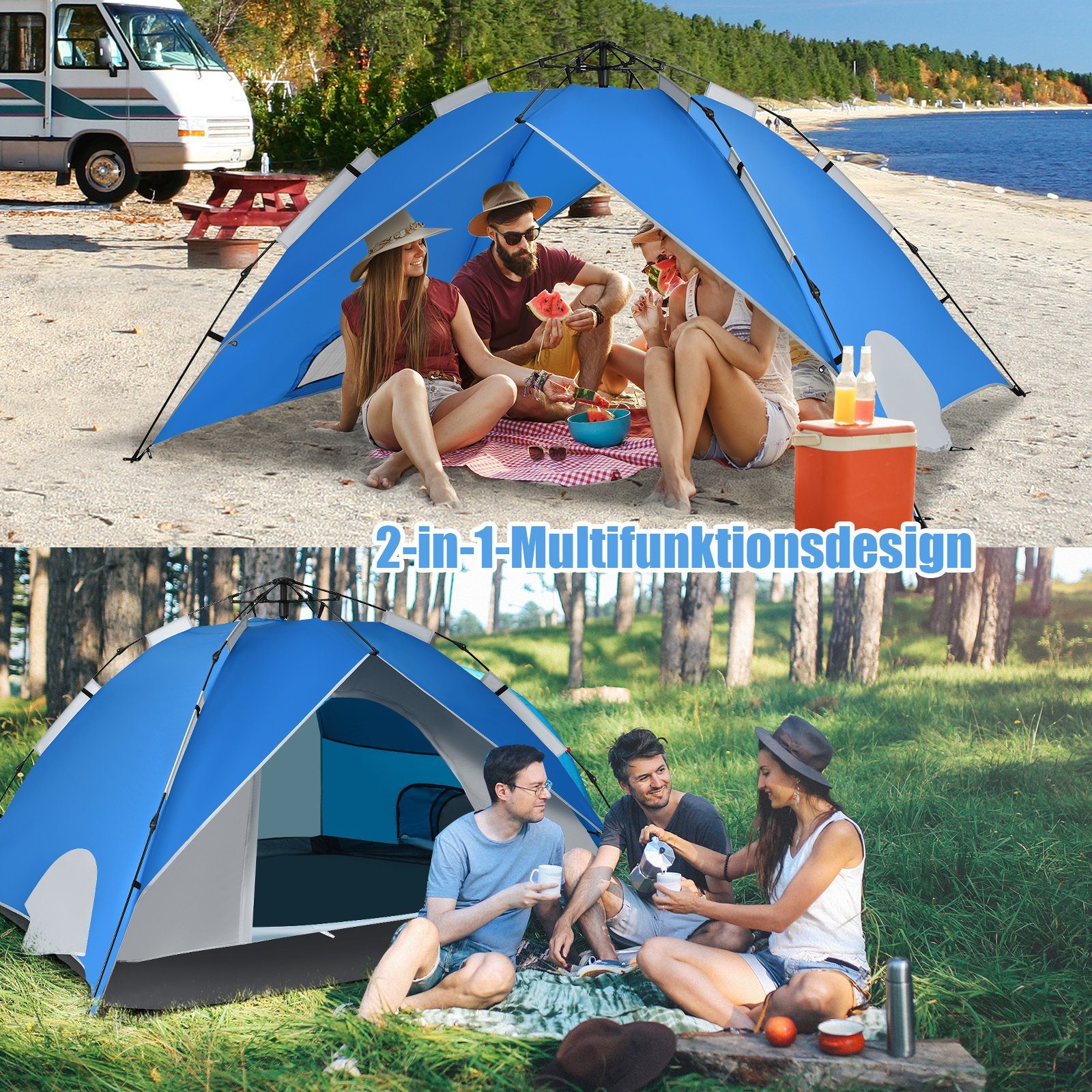 Doppelschicht, 4, mit Personen: Kuppelzelt COSTWAY Campingzelt, Regenschutz up Pop