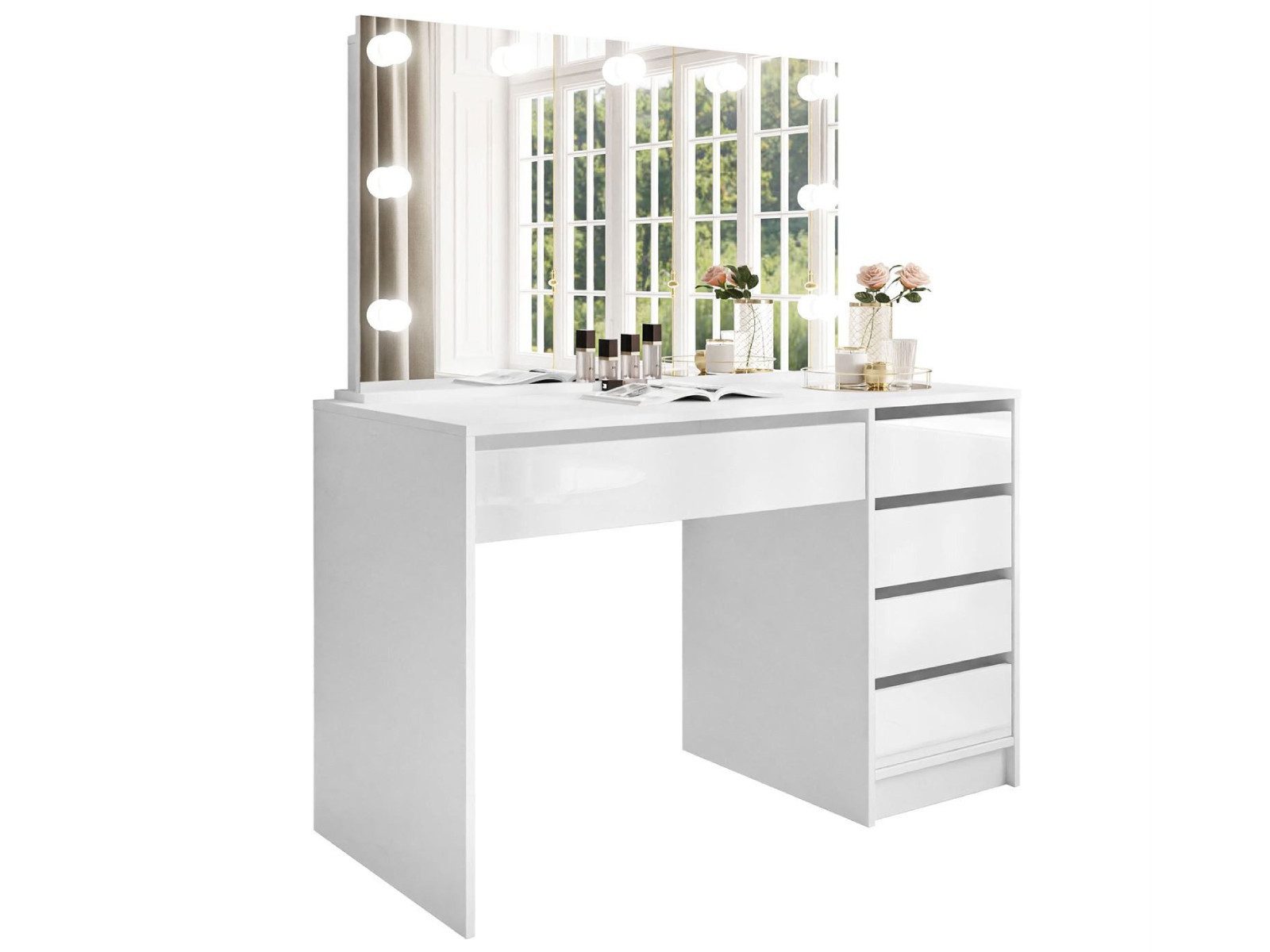 yourhouse24 Schminktisch MADI ELITE Frisiertisch Kommode mit LED-Beleuchtung Spiegel, Schublade (Tisch mit Spiegel, ohne Hocker), Hochglanz/matt, pflegeleicht, ABS-Kanten