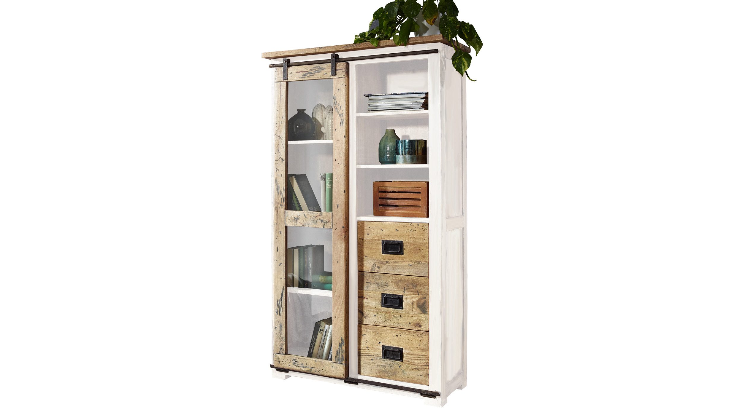 Massivart® Vitrine EMANUEL / Vitrinenschrank / Massivholz Mango / weiß Türapplikationen aus Gusseisen, Beschläge und Schienen aus Eisen