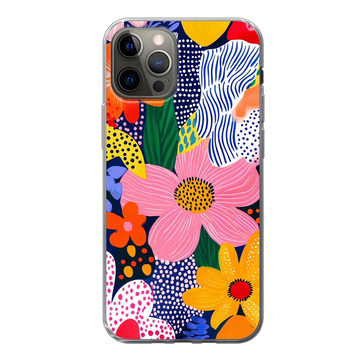 MuchoWow Handyhülle für Apple iPhone 12 Pro Bunt - Blumen - Abstrakt - Punkte, Smartphone-Bumper, Print, Handy Schutzhülle Dünn