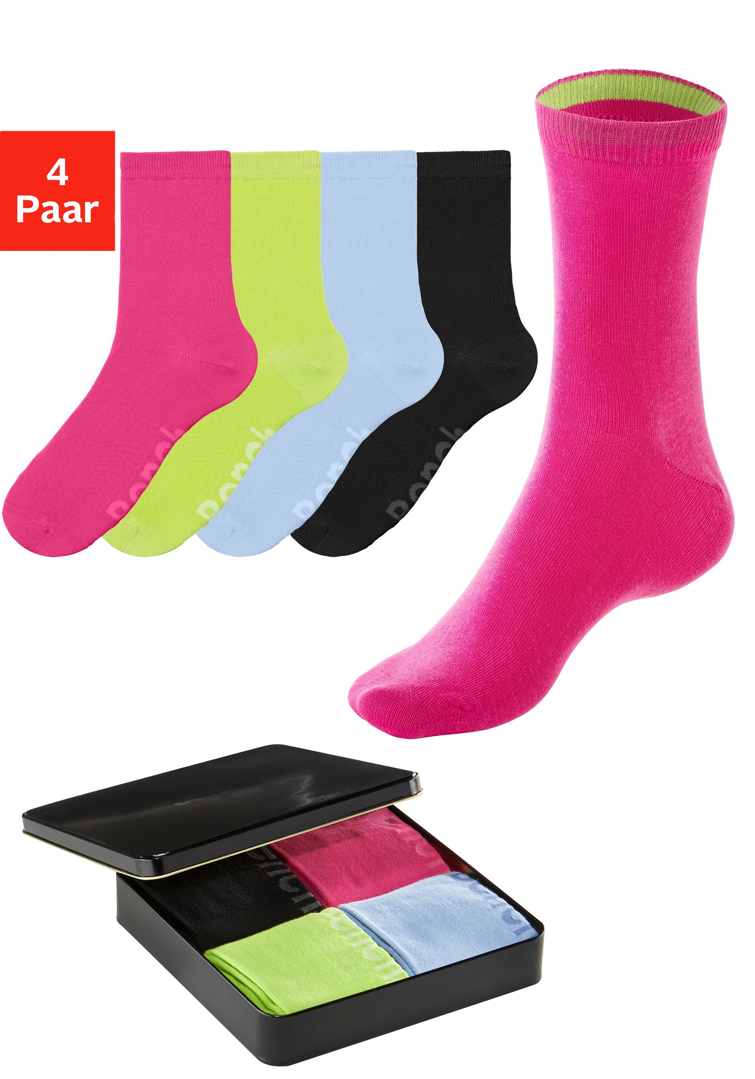 Bench. Basicsocken (Box, 4-Paar) mit farbigen Innenbündchen 1x grün, 1x pink, 1x schwarz, 1x hellblau